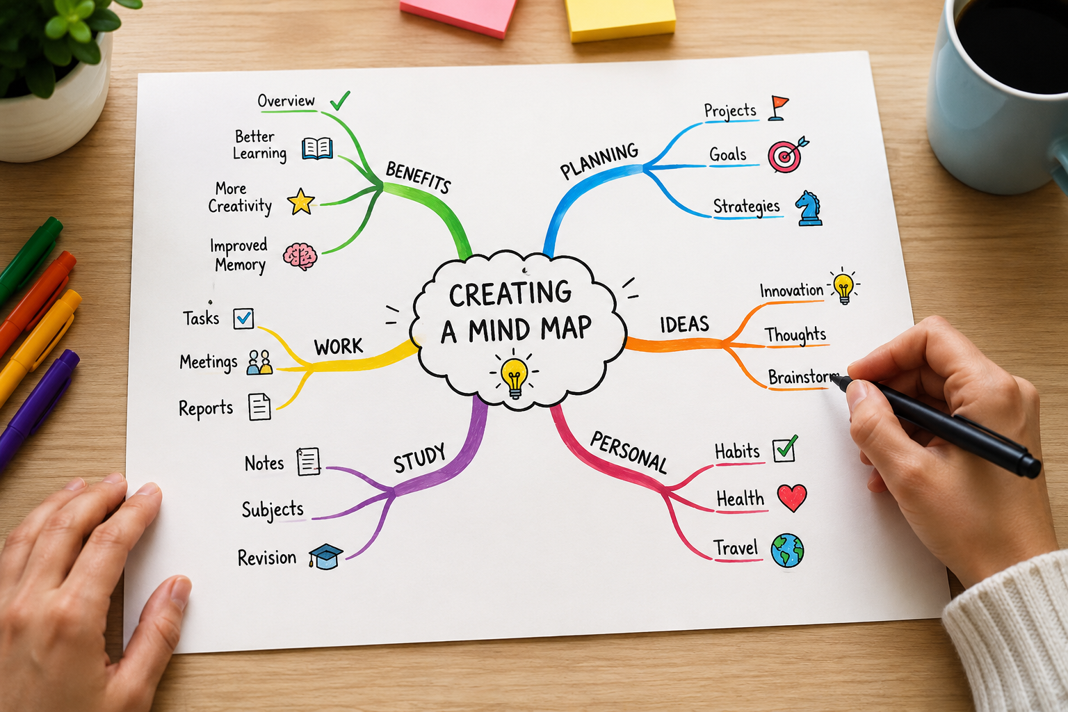 A mind map being created on paper, with a central idea in the middle and branches drawn outward