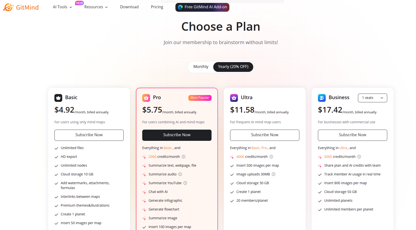 GitMind pricing page showing the free plan and annual plan
