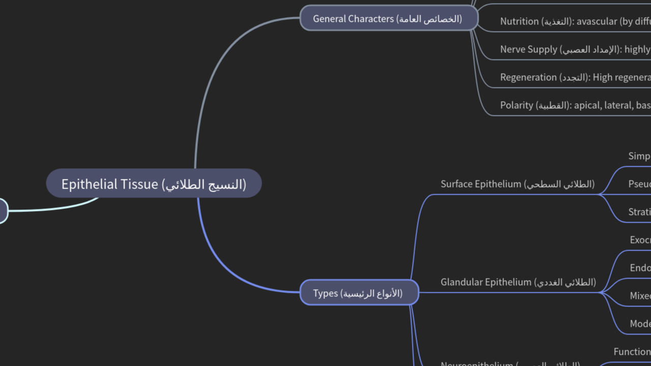 Mind Map:Epithelial Tissue (النسيج الطلائي) ...