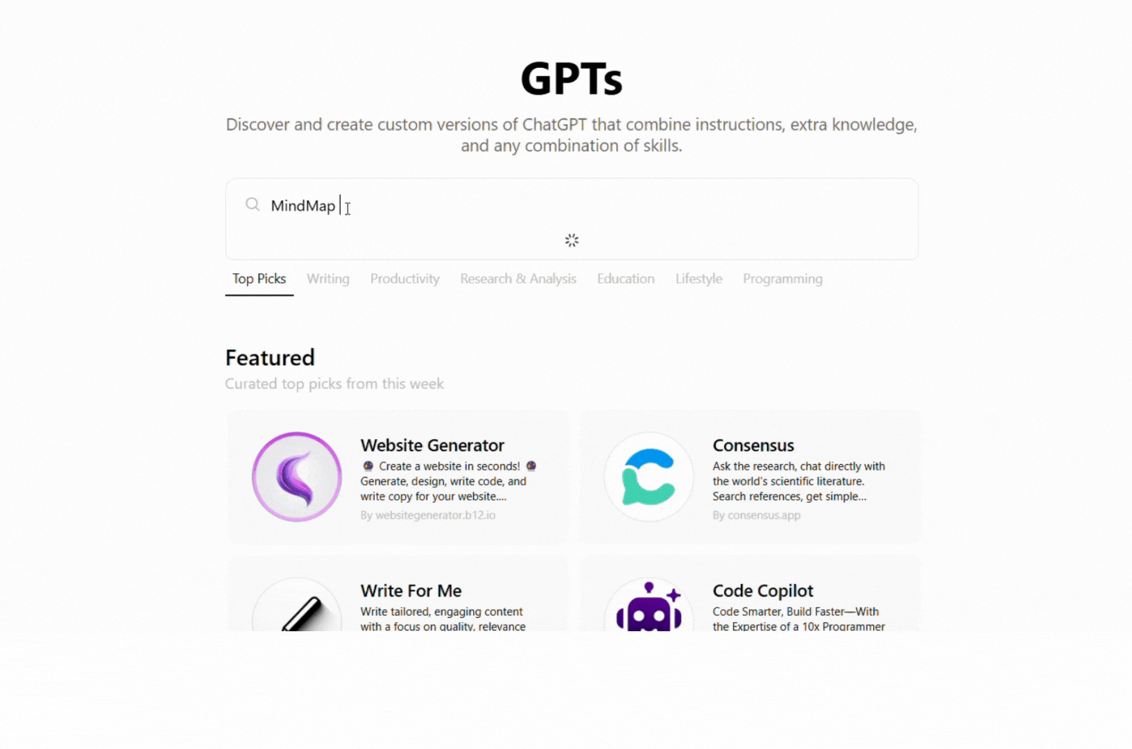 Animated GIF demonstrating how to find and access the MindMap AI in the GPT Store