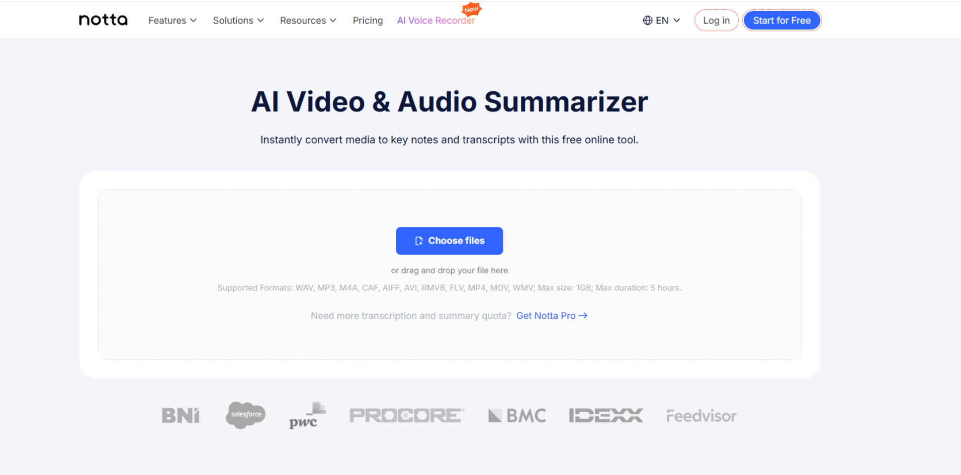 Notta's Video Summarizer screenshot