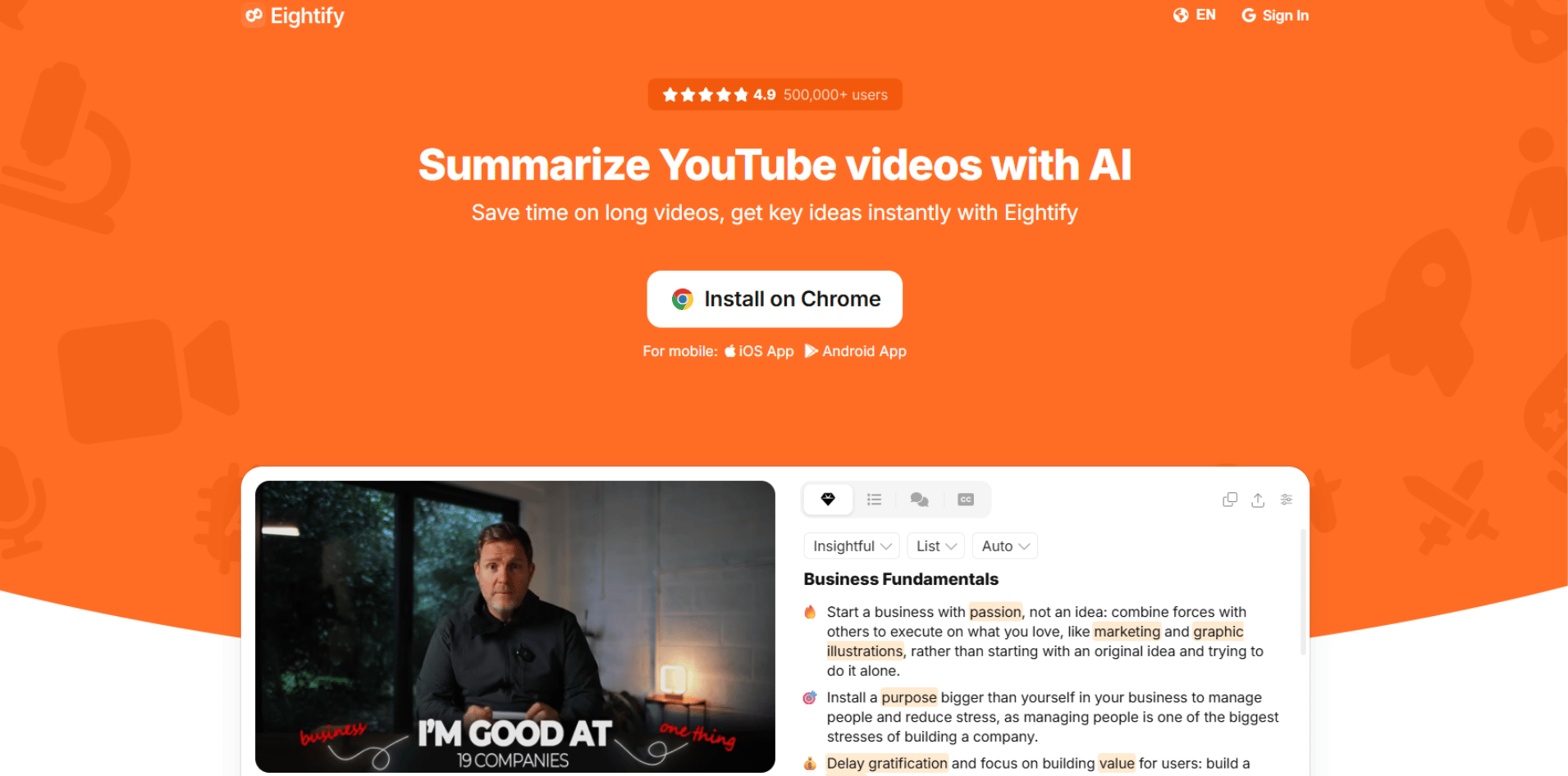 Eightify's Video Summarizer screenshot