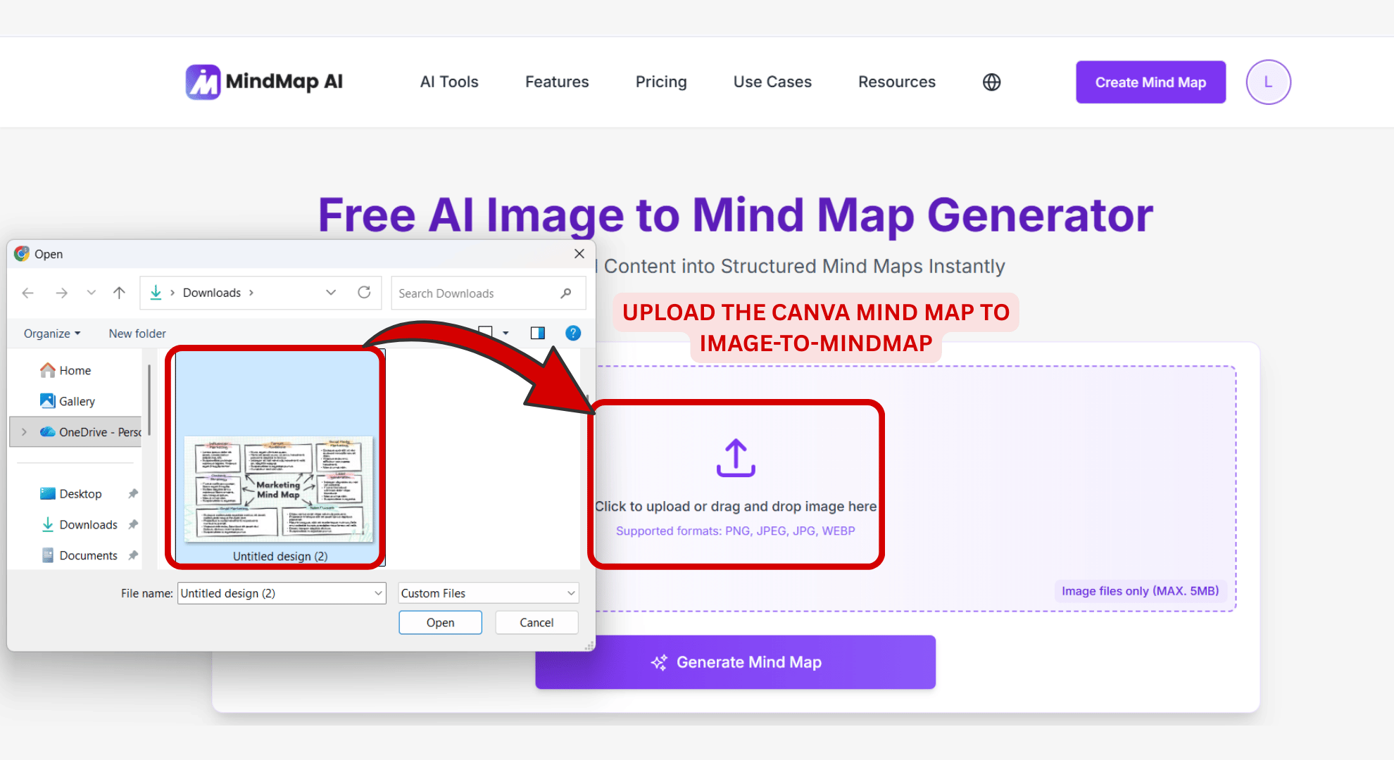 Upload the Canva mind map in Mindmap AI