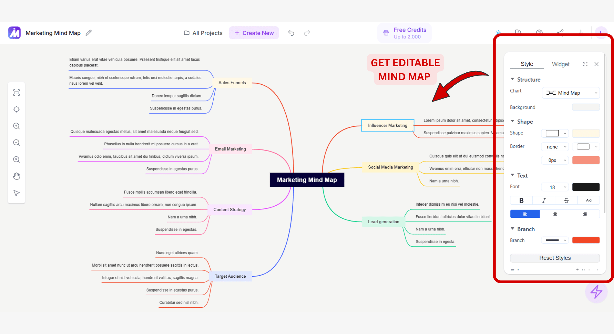An interactive, editable mind map generated from a Canva image using MindMap AI