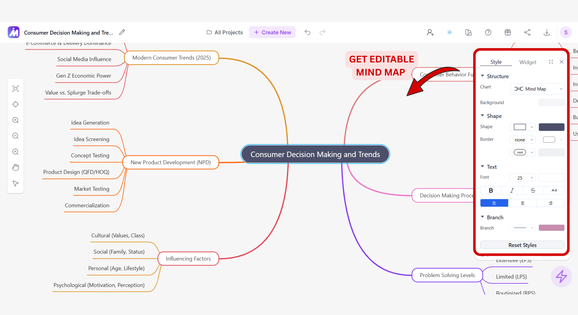 Edit and expand mind map in MindMap AI