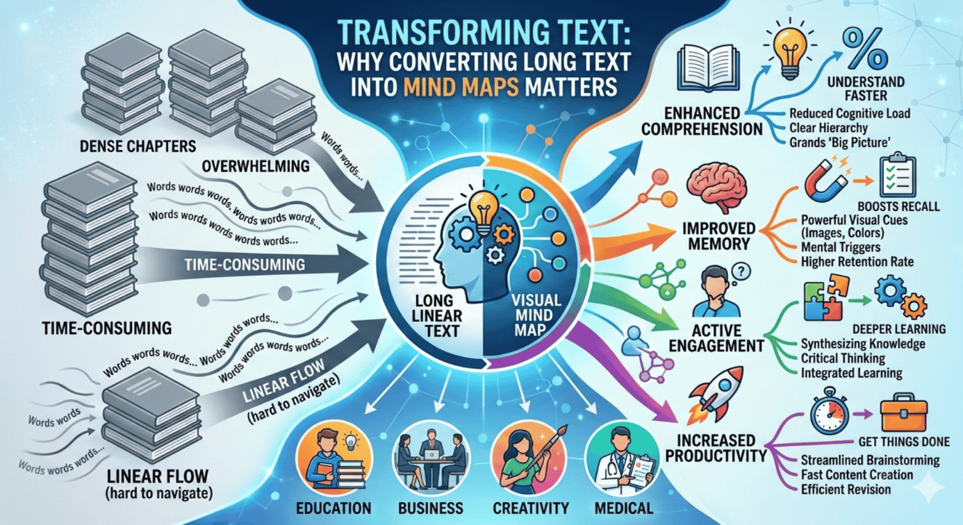 Visual representation of converting long text into mind map structure