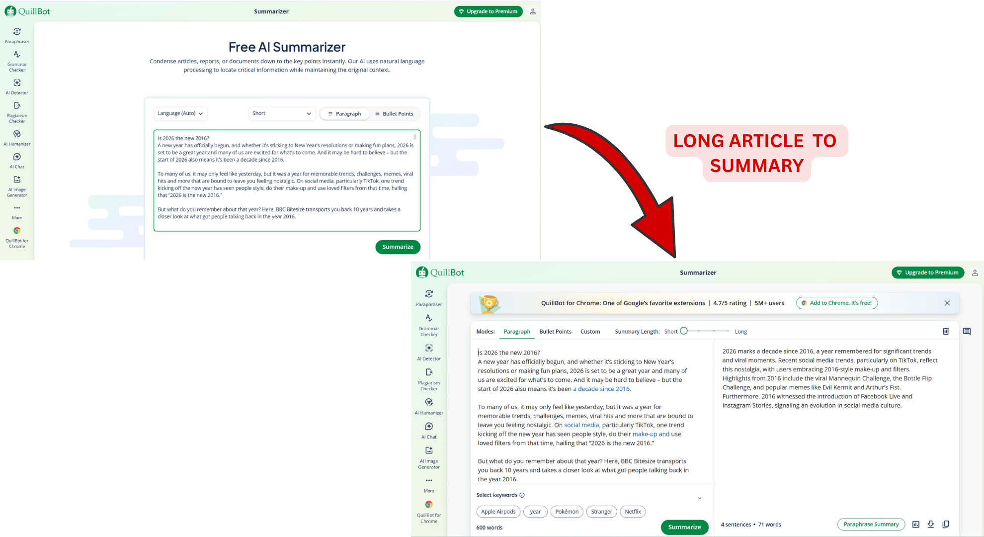 QuillBot AI article summary generator showing a summarized result