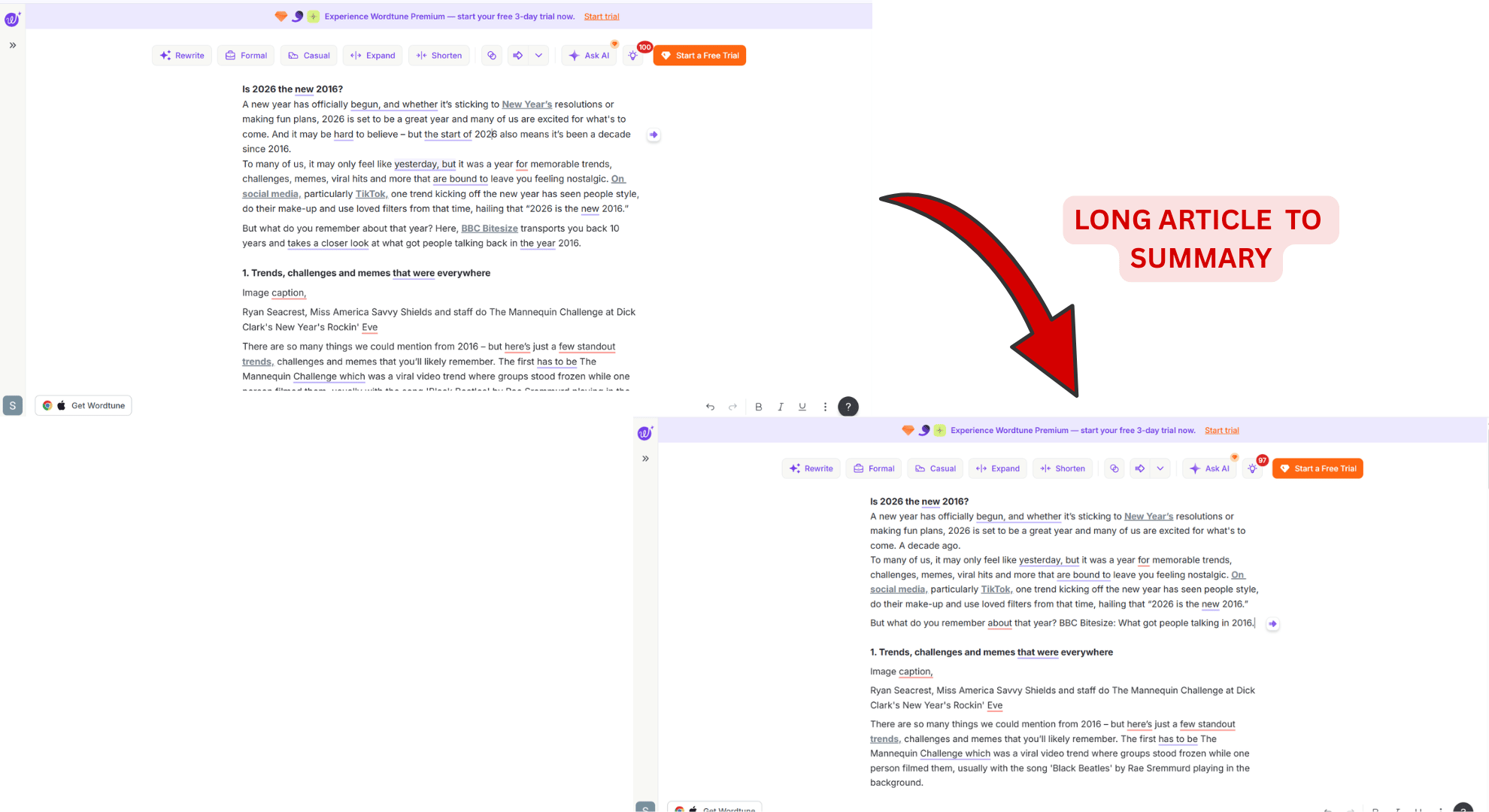 Wordtune summarizer creating a short summary of an article