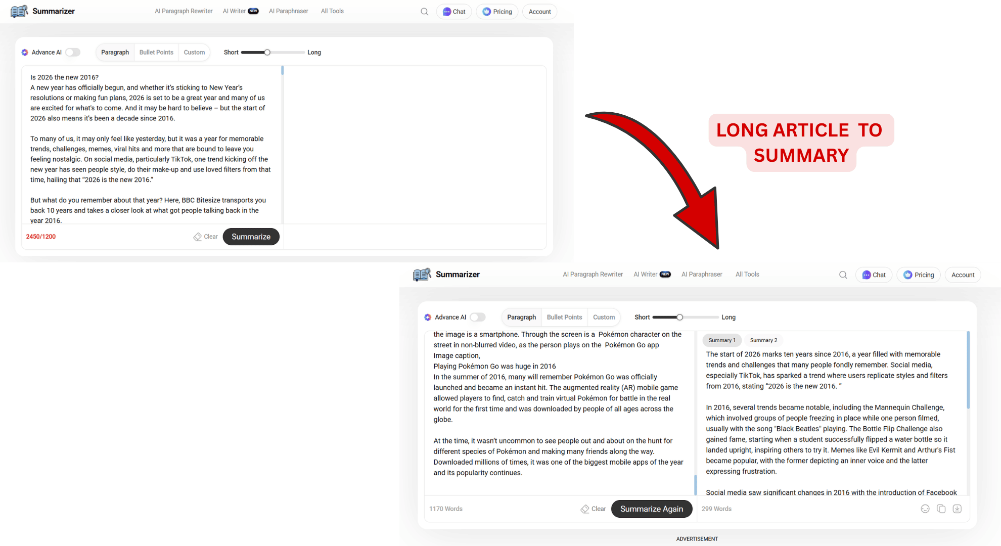 Summarizer.org free AI article summarizer showing bullet summary