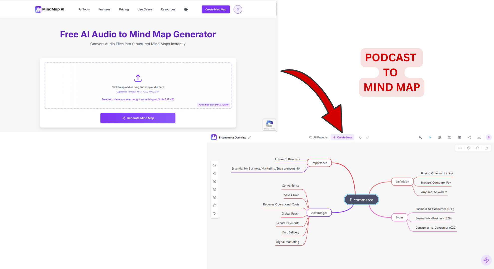 MindMap AI Audio to Mind Map Generator summarizing a podcast into a mind map