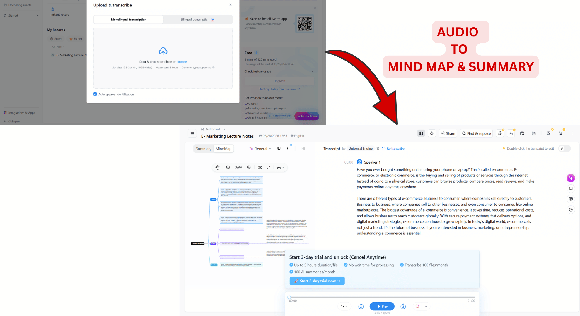 Notta AI podcast summarizer creating transcript and summary