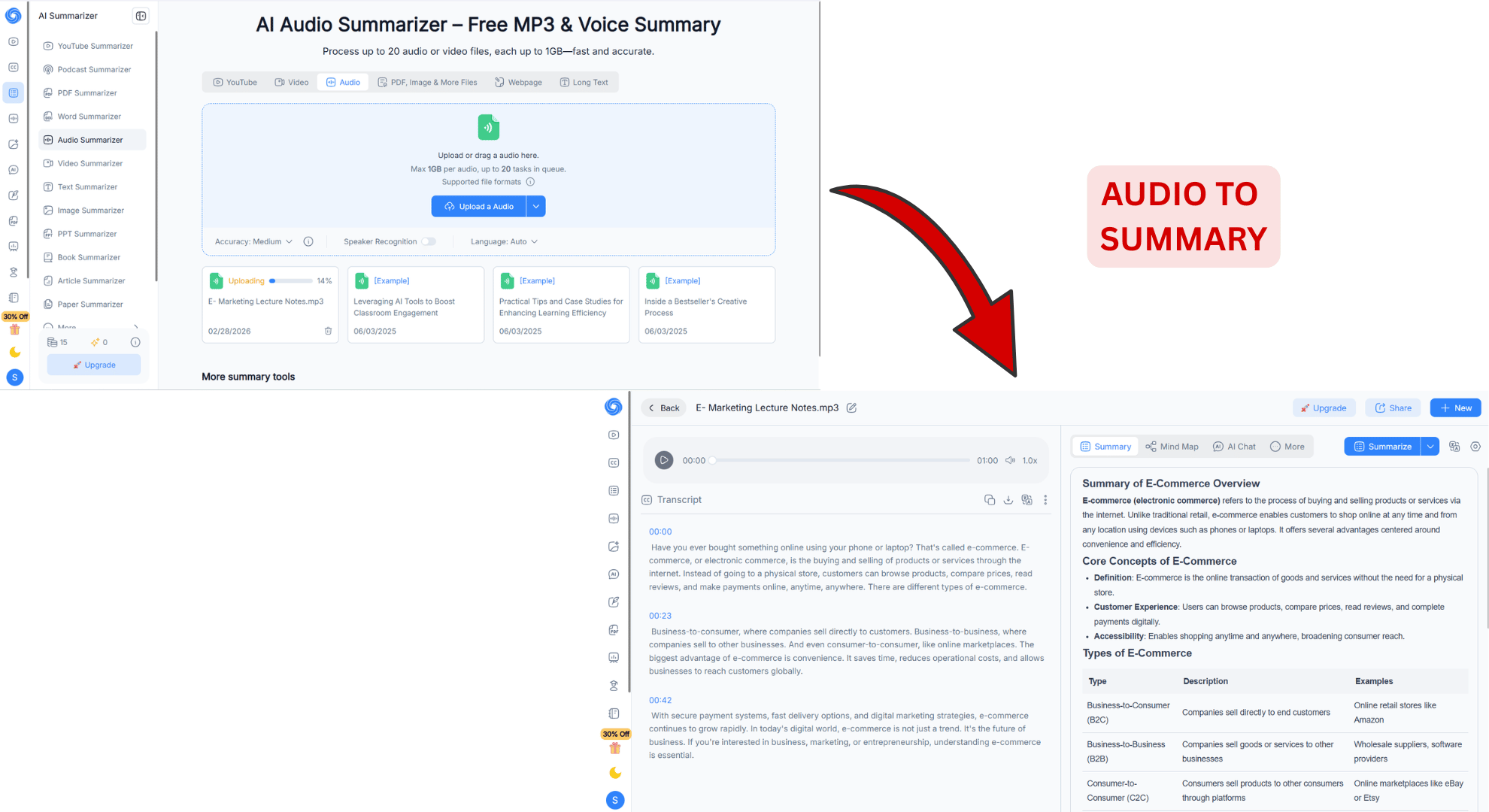 NoteGPT podcast summary tool generating key points