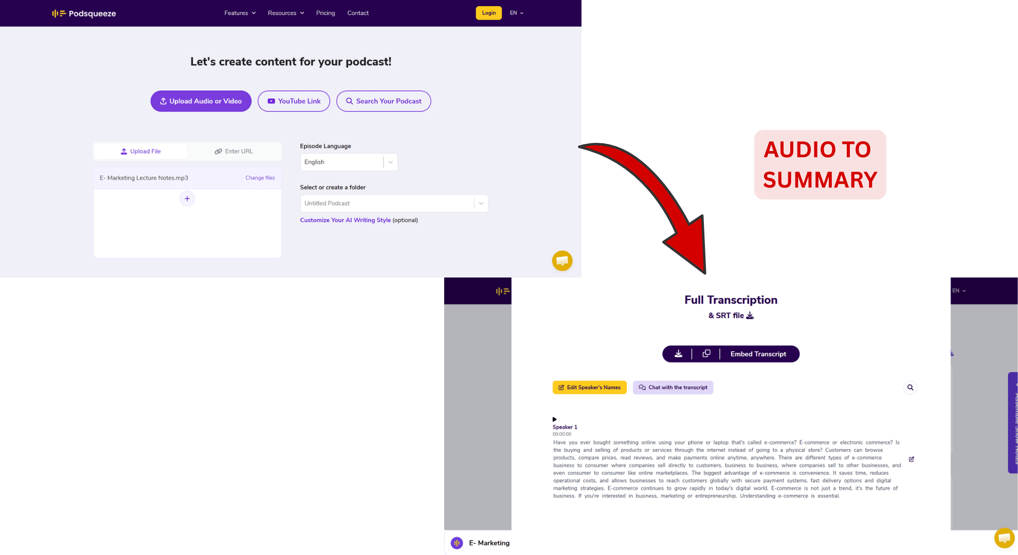 Podsqueeze AI podcast summarizer generating show notes and key takeaways