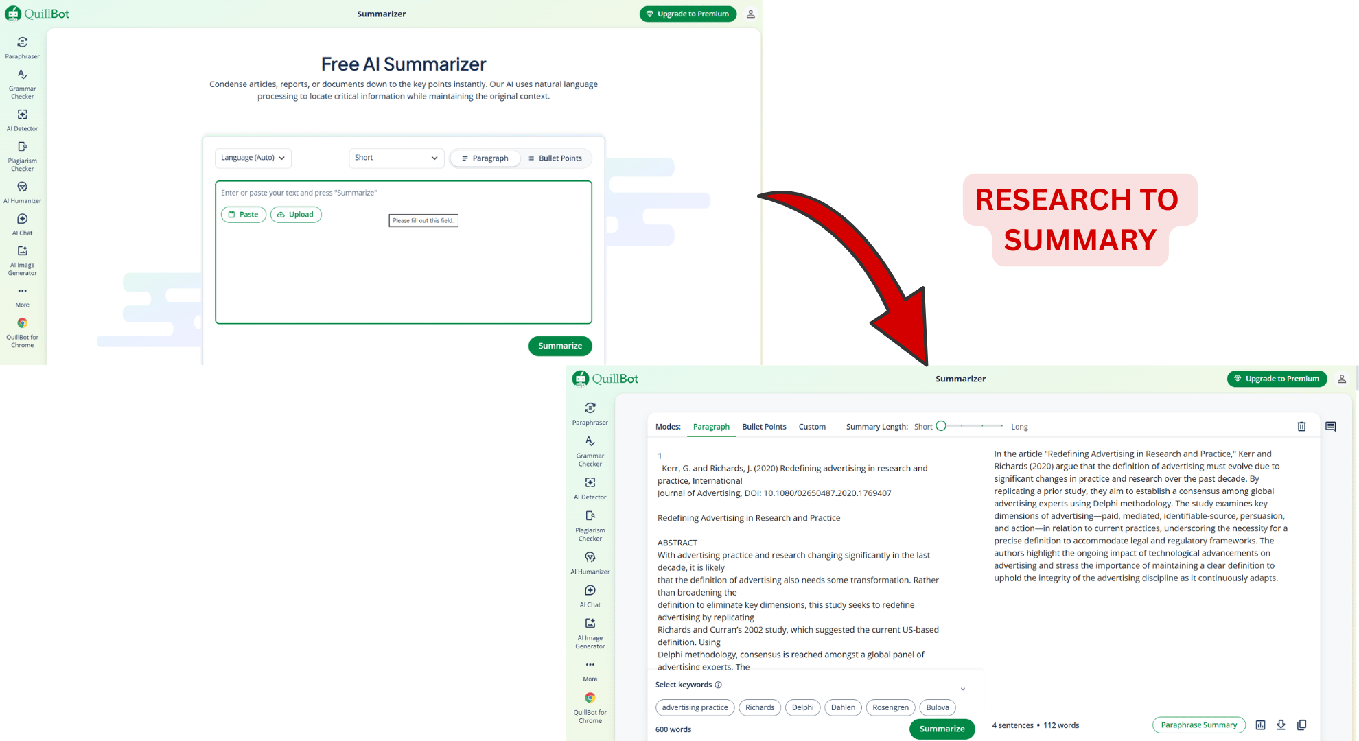 QuillBot text summarizer for research notes