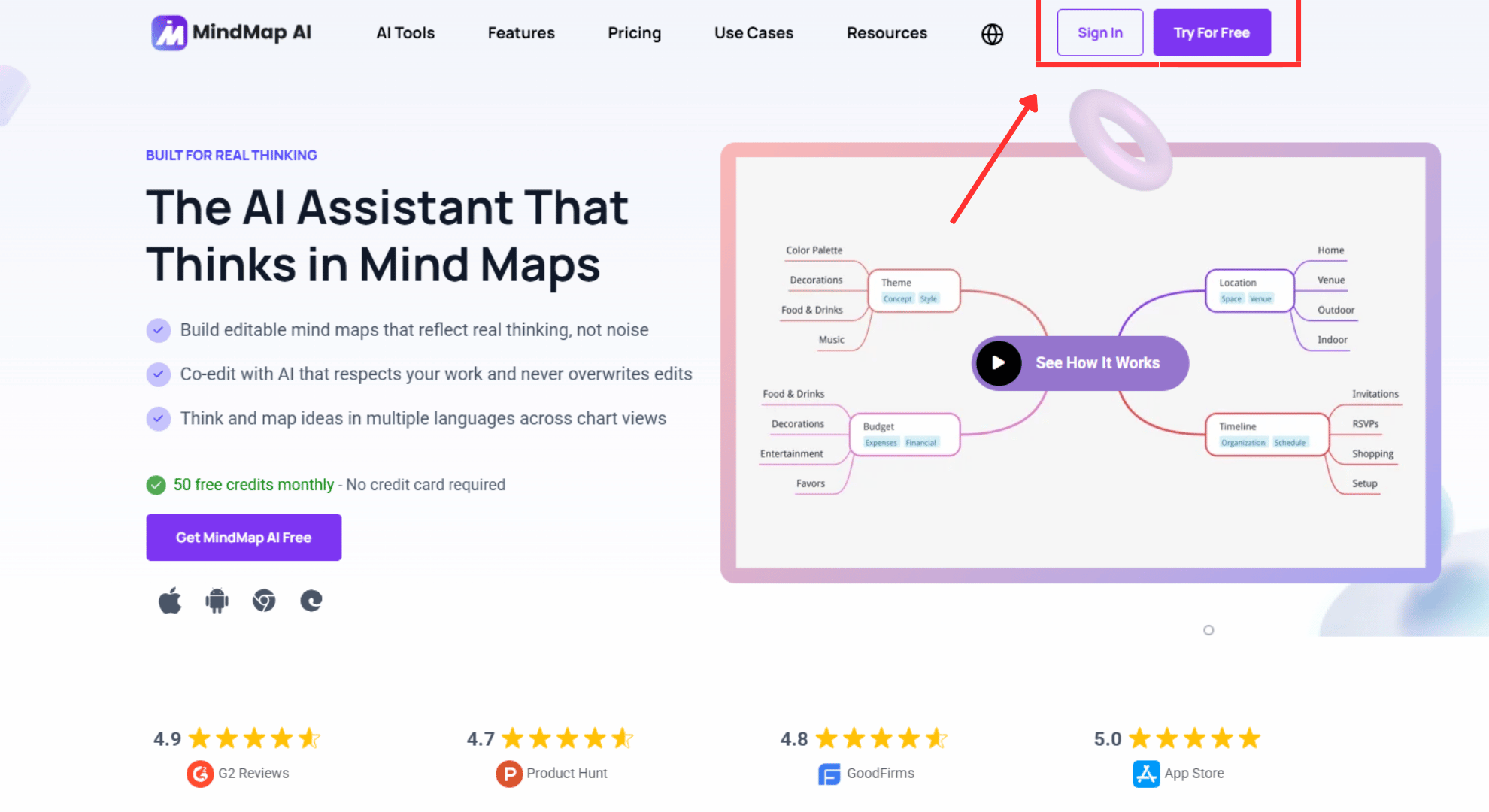 MindMap AI homepage sign in and try for free buttons