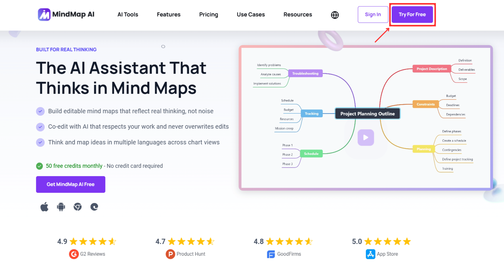 MindMap AI home page screen showing