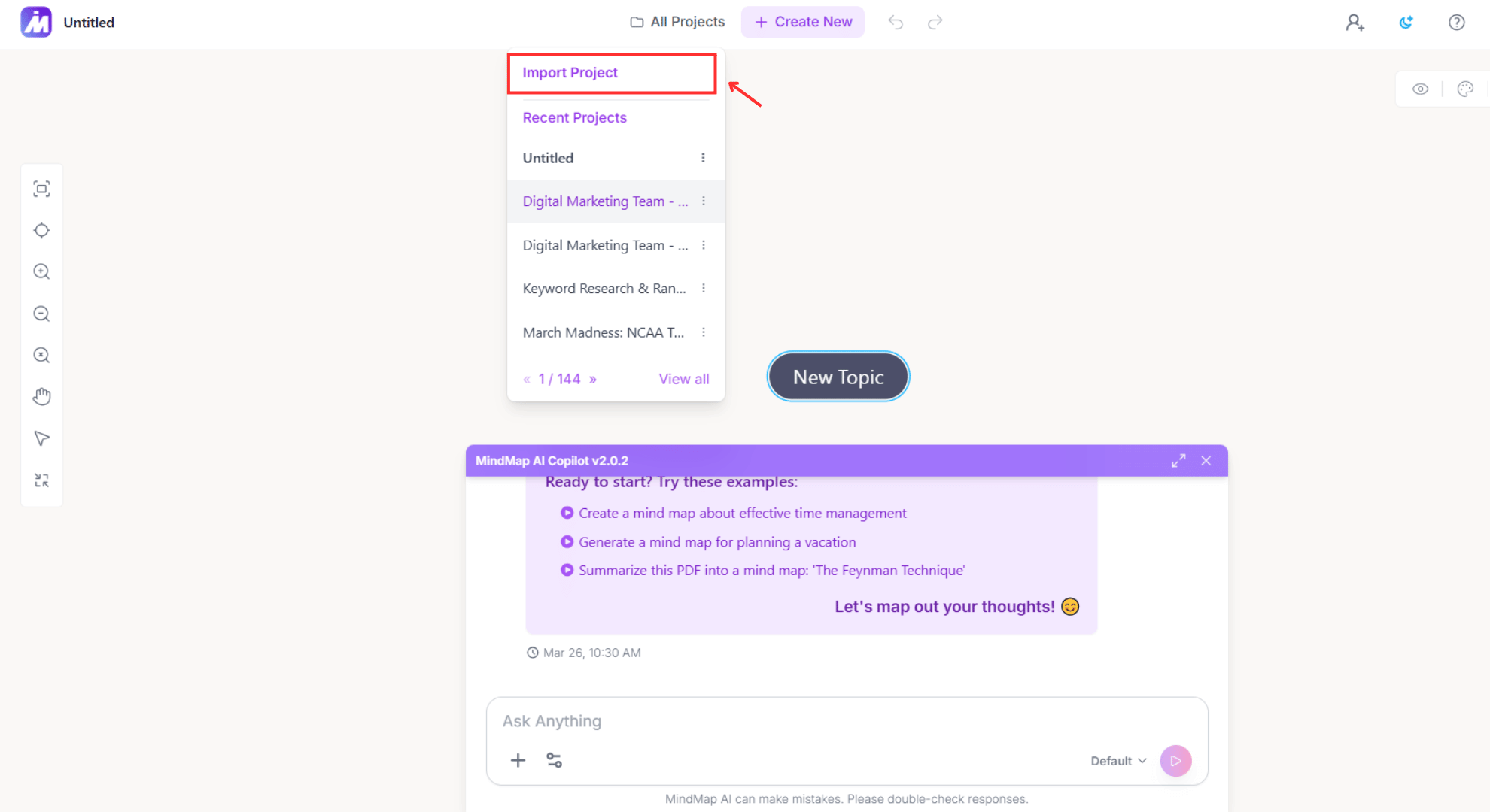 Dashboard interface of MindMap AI highlighting the Import Project button for .mmap files