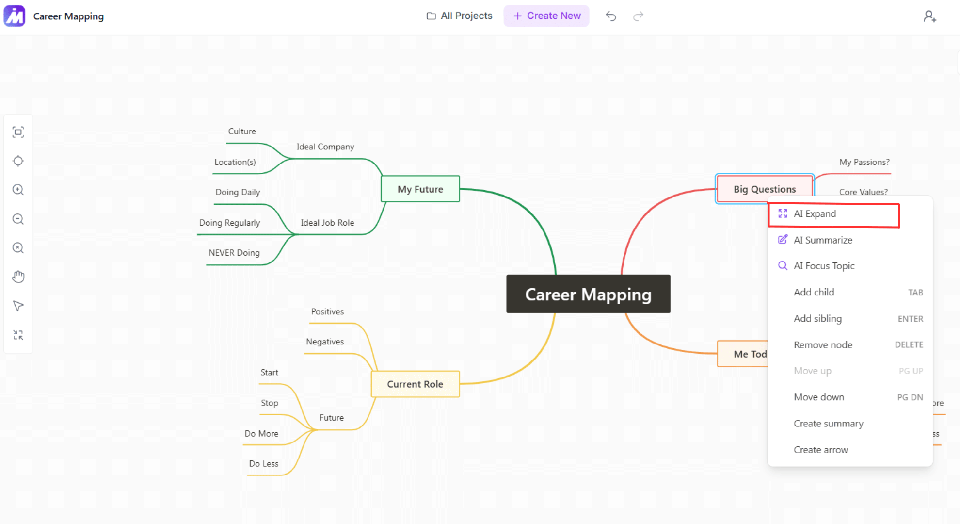 MindMap AI Extend feature generating subtopics