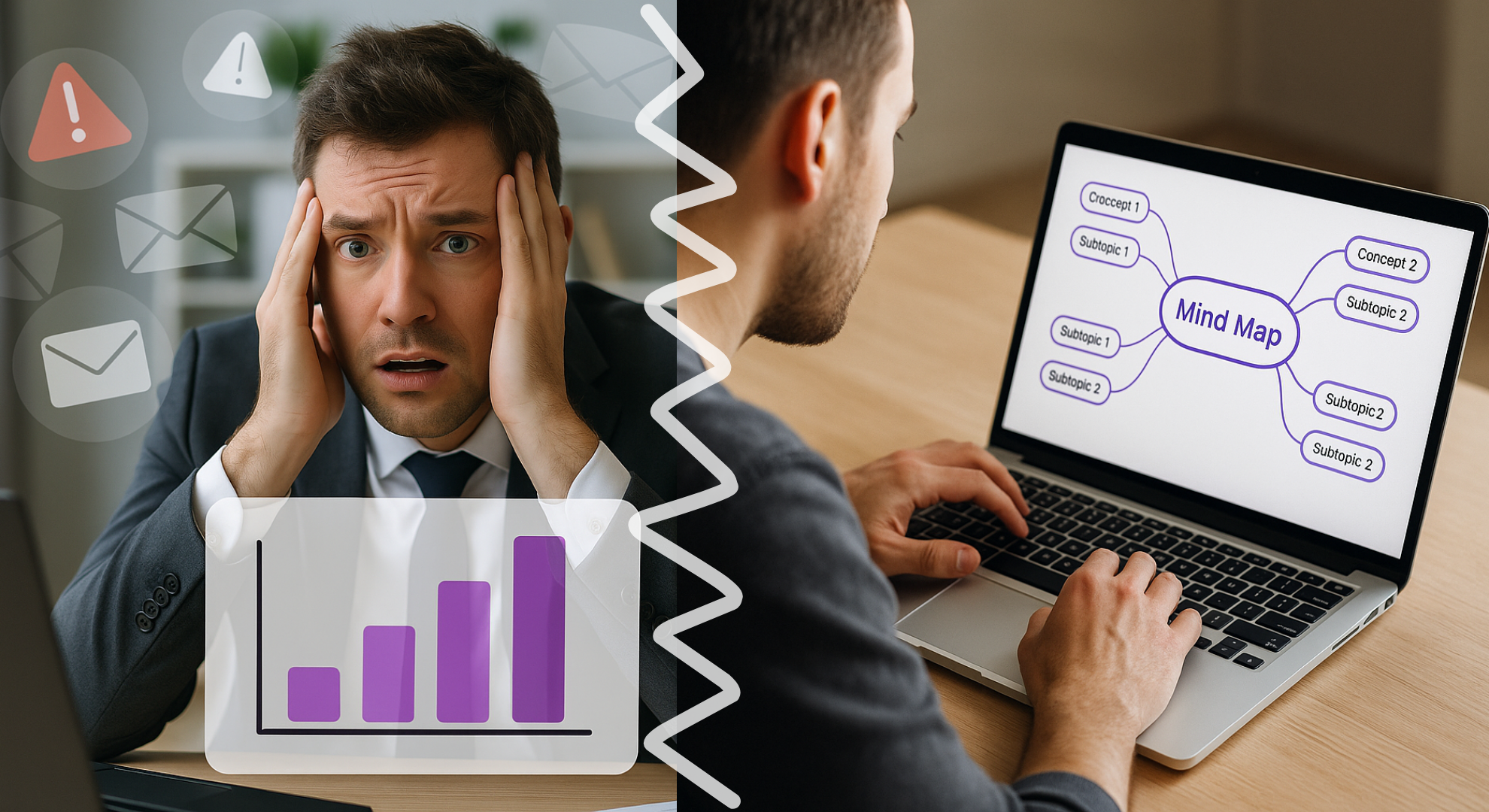Before and after: information overload contrasted with a structured mind map