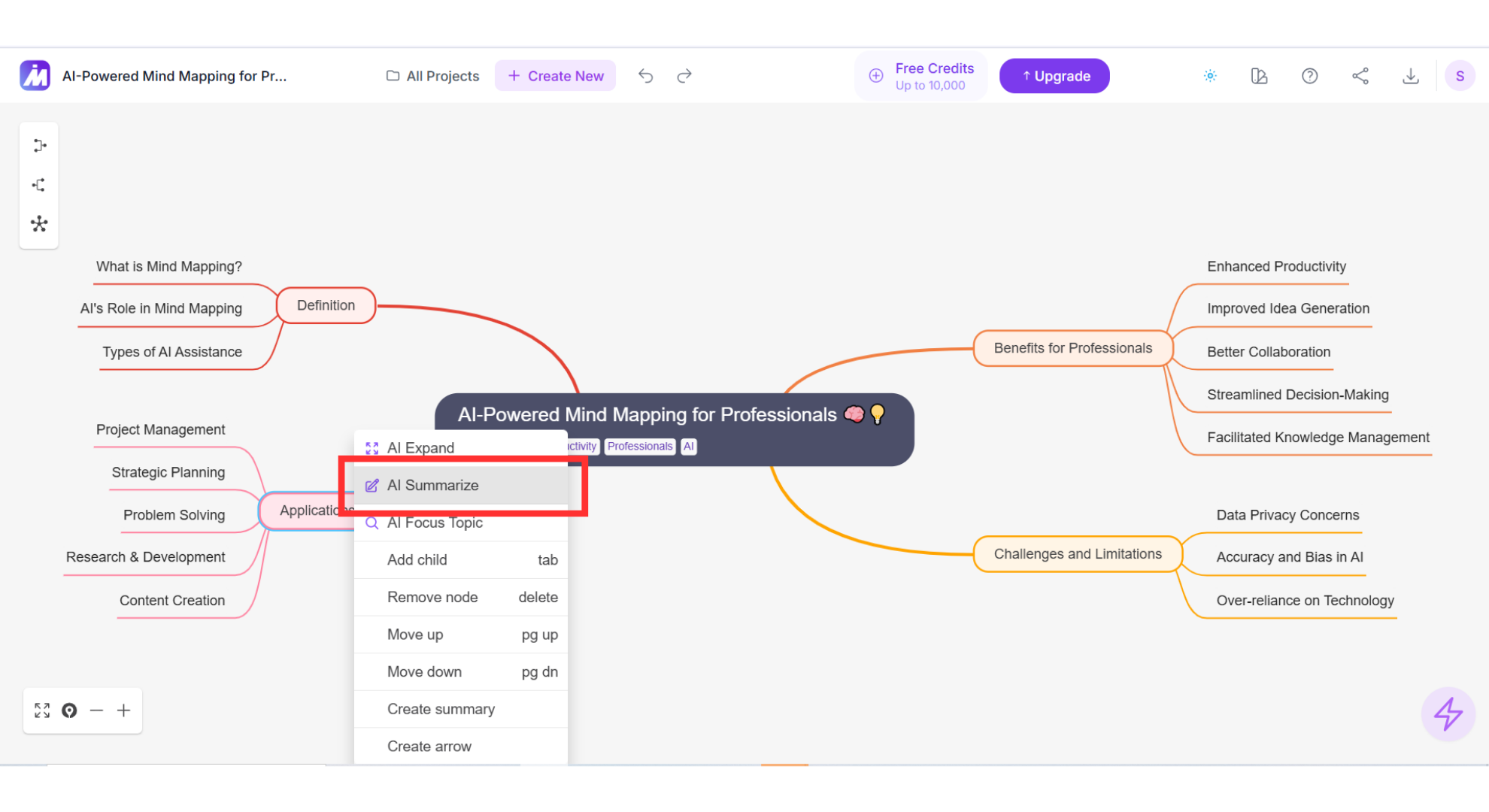 Condensed list of key points generated by MindMap AI summariser next to the full map