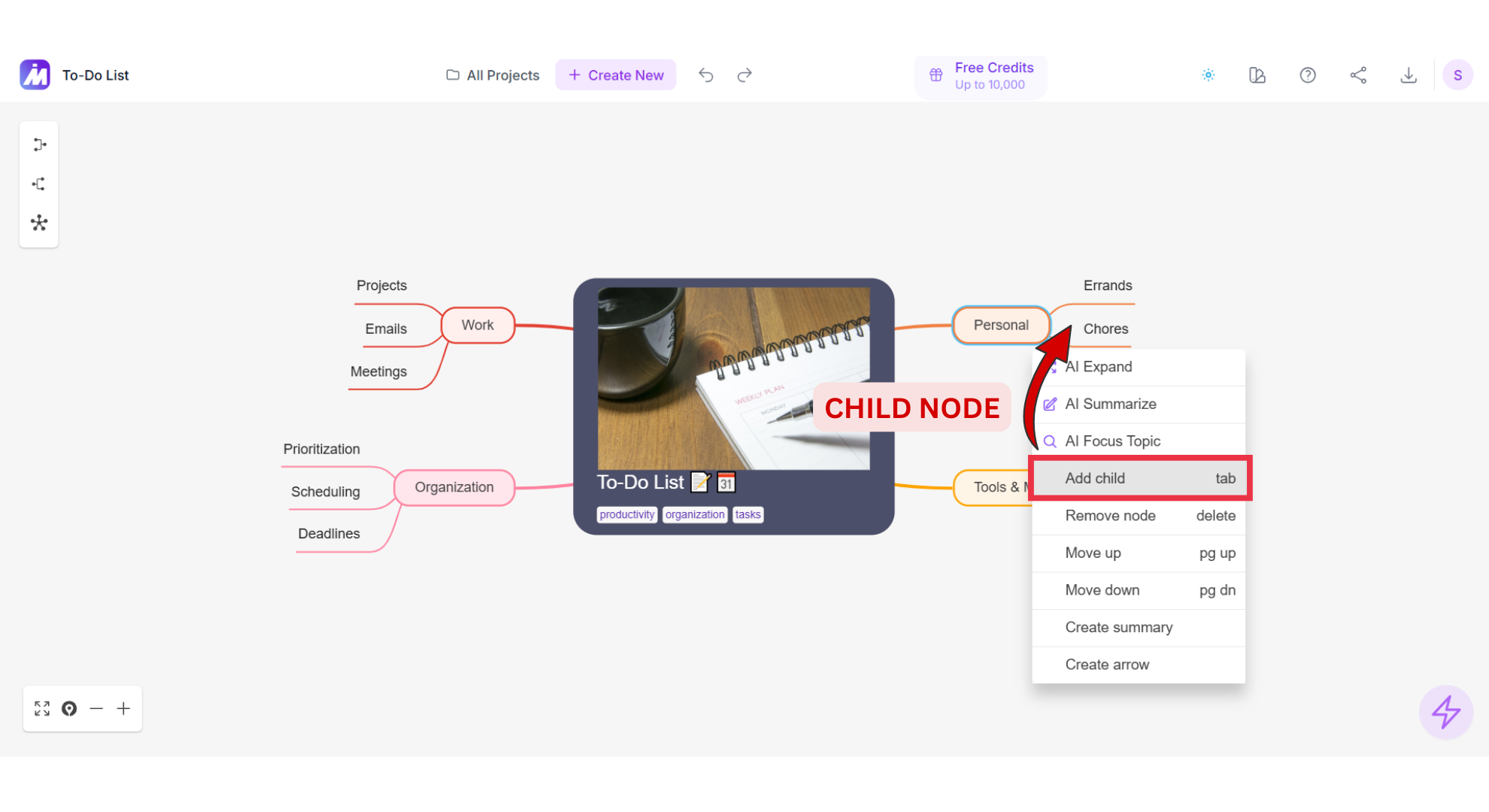 Add child option of mindmap AI screenshot