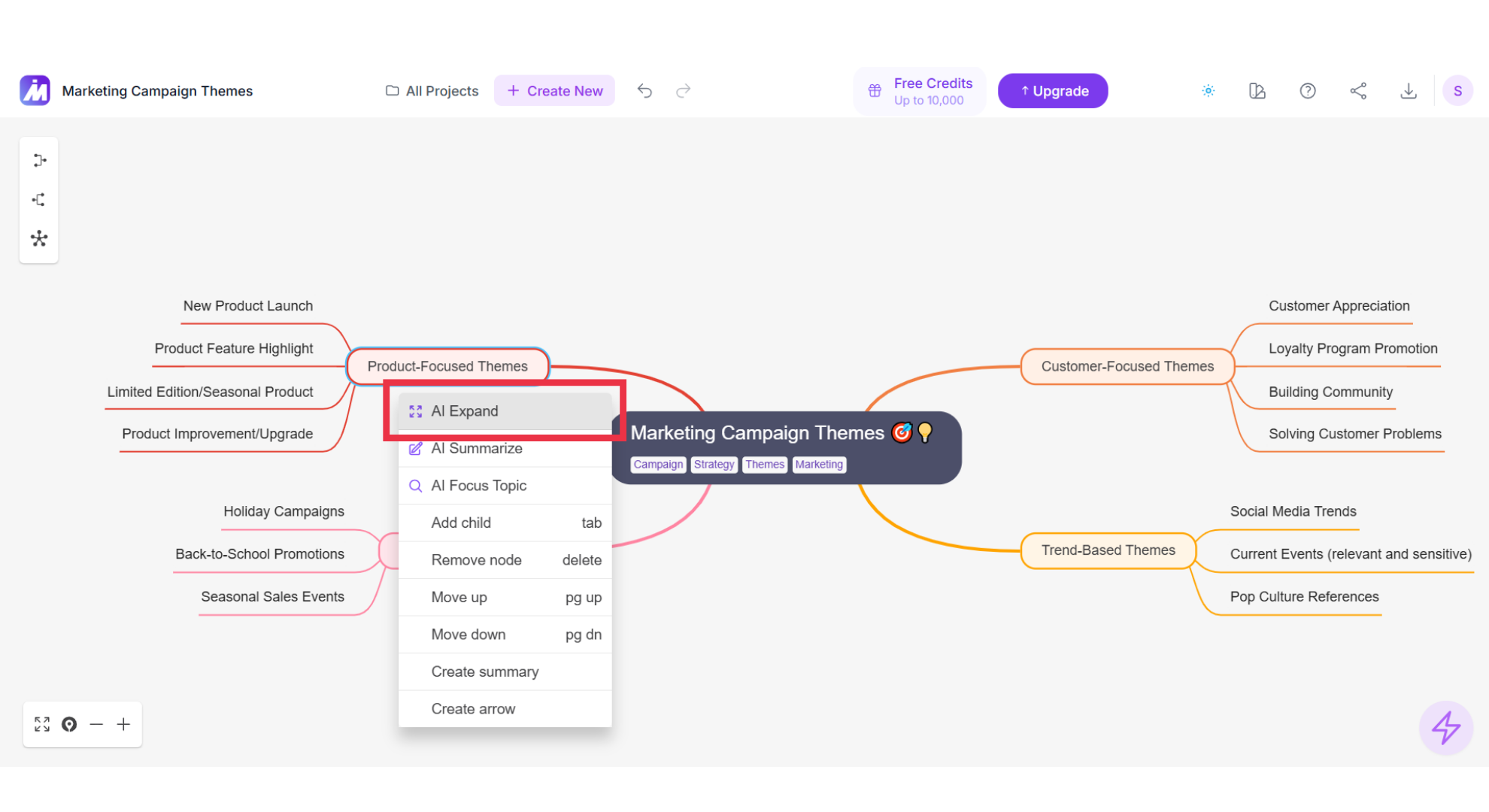 MindMap AI context menu expanding a node into multiple sub-topics automatically