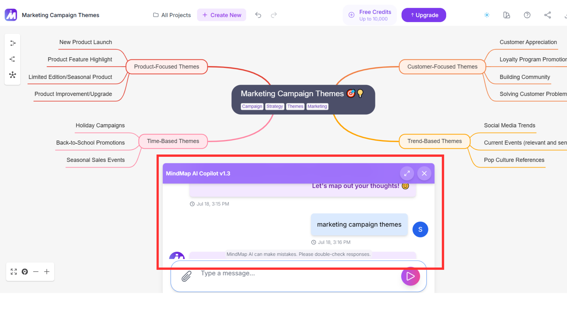MindMap AI Copilot suggesting structured marketing campaign branches inside a live map