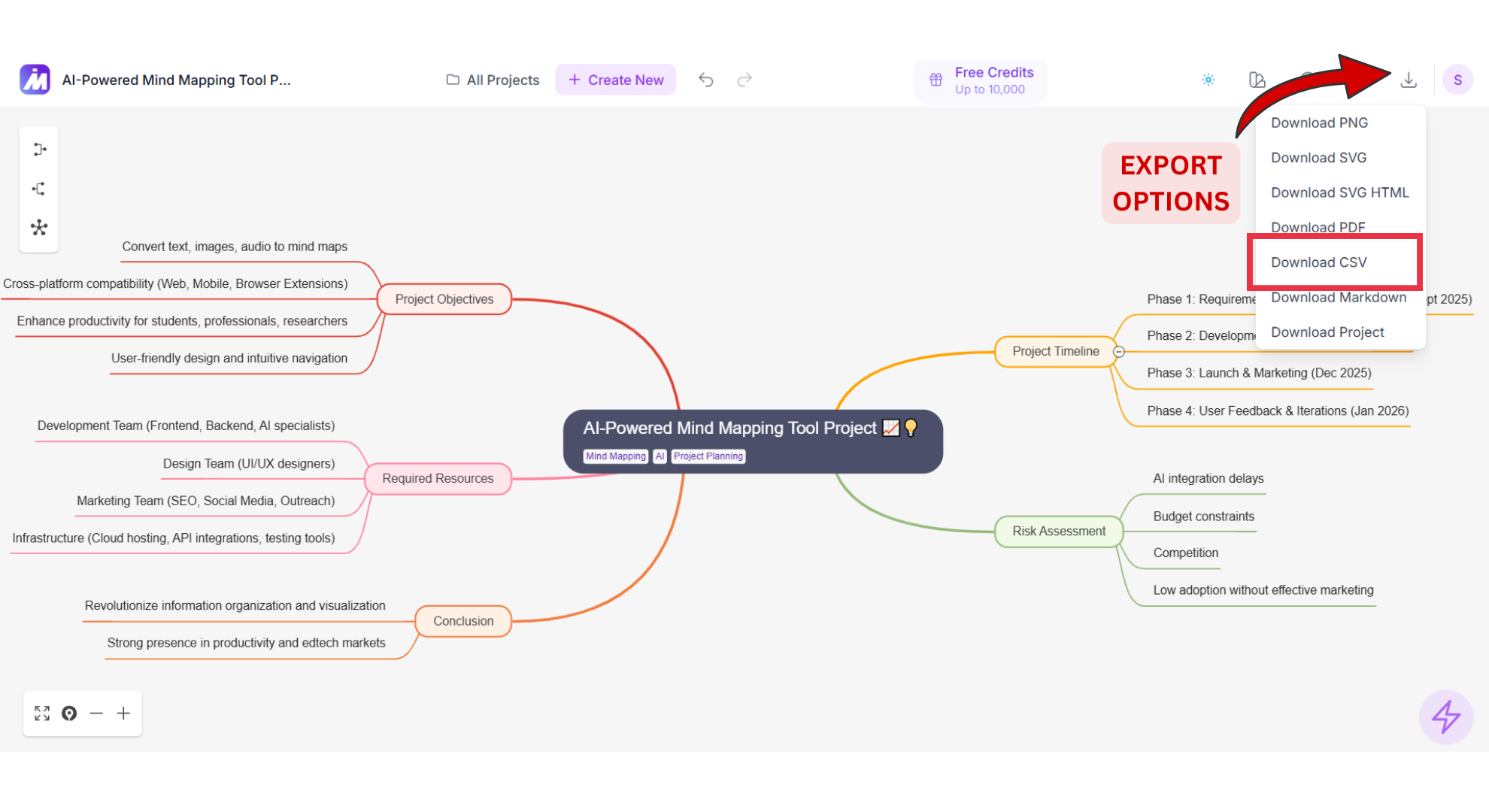 Mindmap AI export options screenshot