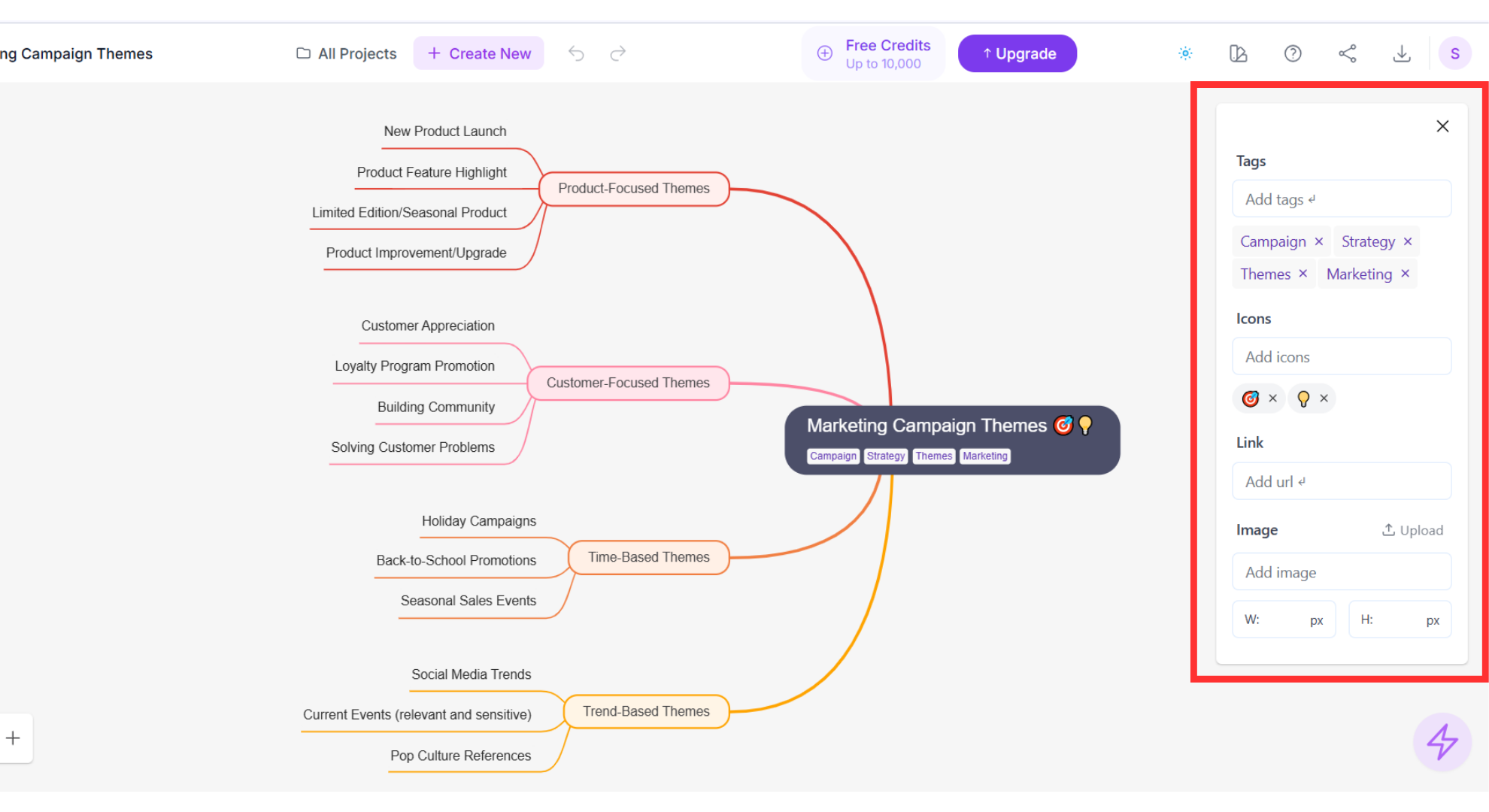Sidebar showing icon, tag, and colour palette suggestions applied to a marketing mind map