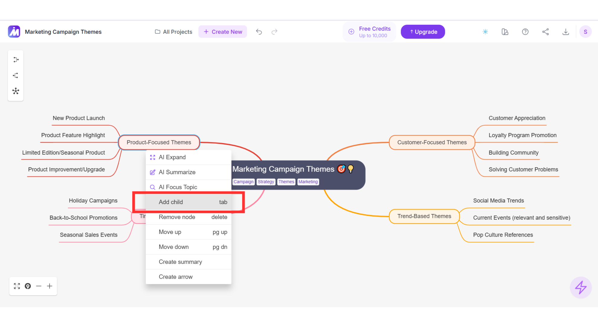 Context-menu highlighting 'Add Child' that explodes a single node into five new branches
