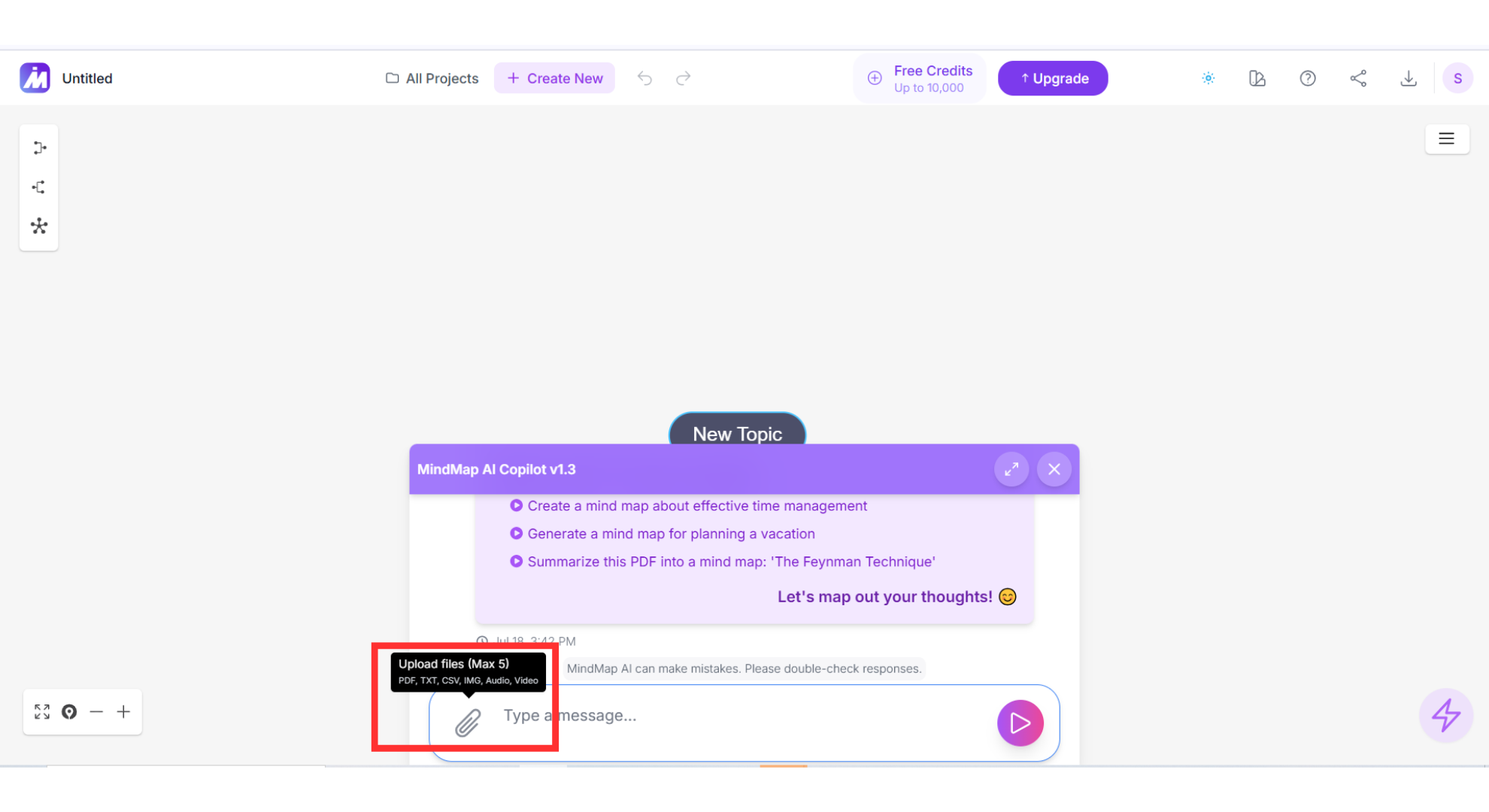 Upload panel offering PDF, TXT, CSV, audio, and video imports for instant mapping