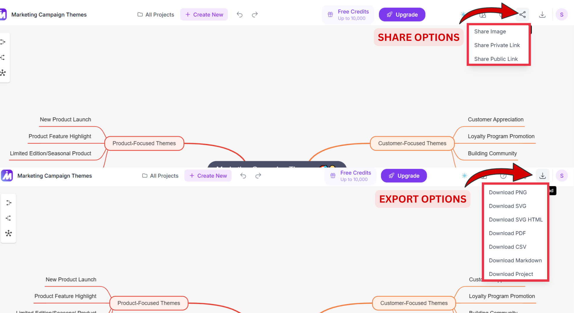 Mindmap AI share options and export options screenshot