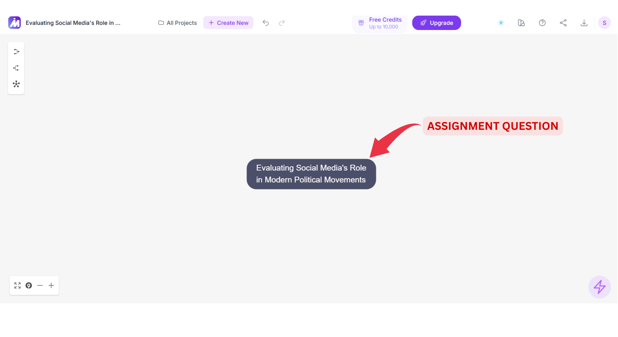Close-up of a mind map's center node labeled with the assignment question