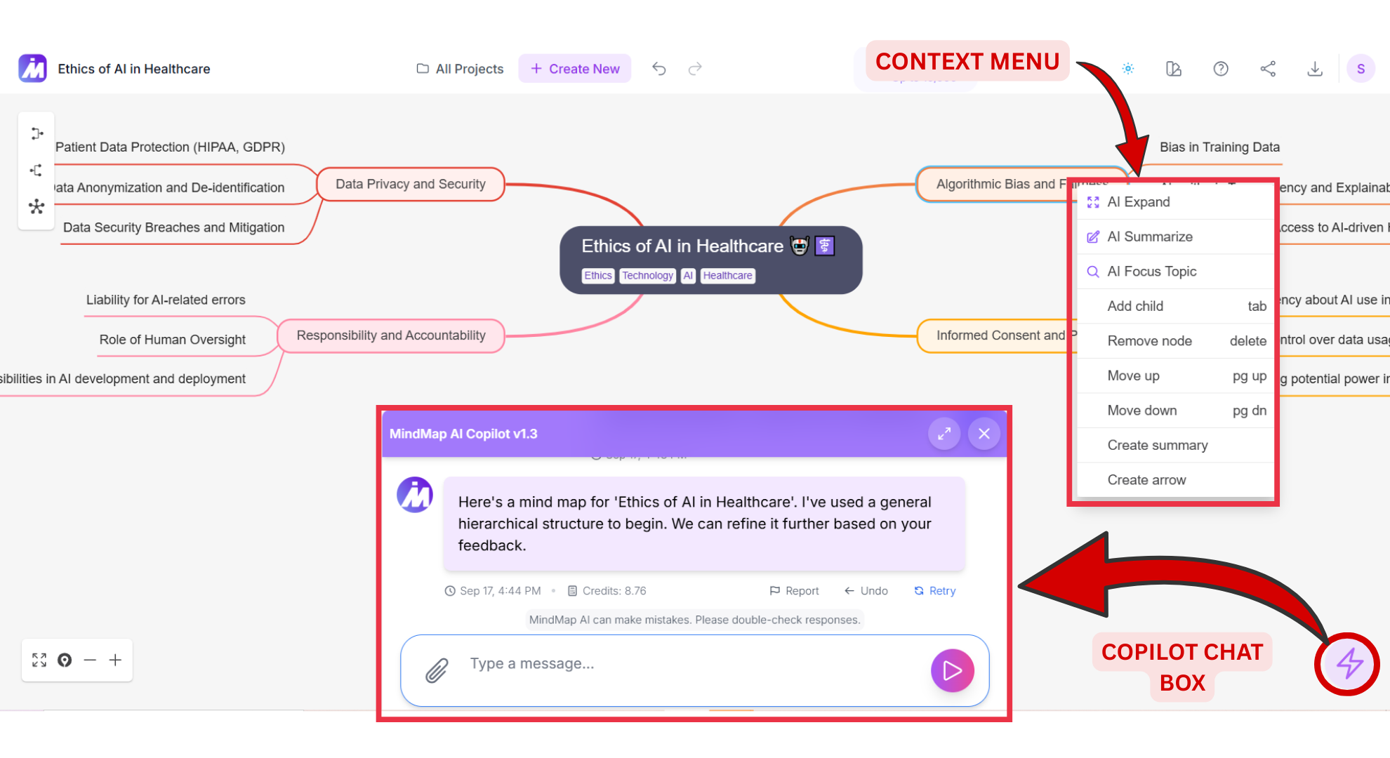 Copilot chat box and Context Menu screenshot of Mindmap AI