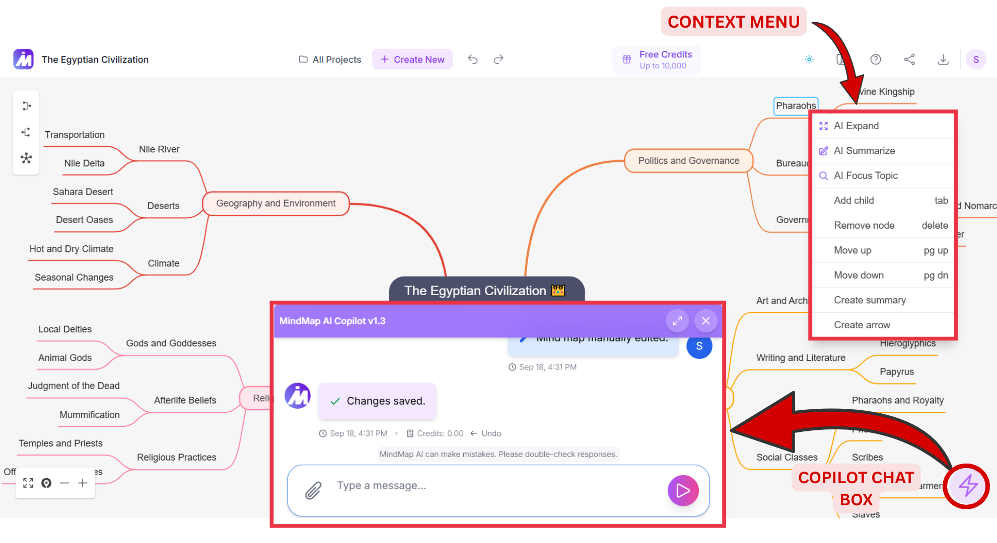 Copilot chat box and Context menu screenshot of Mindmap AI