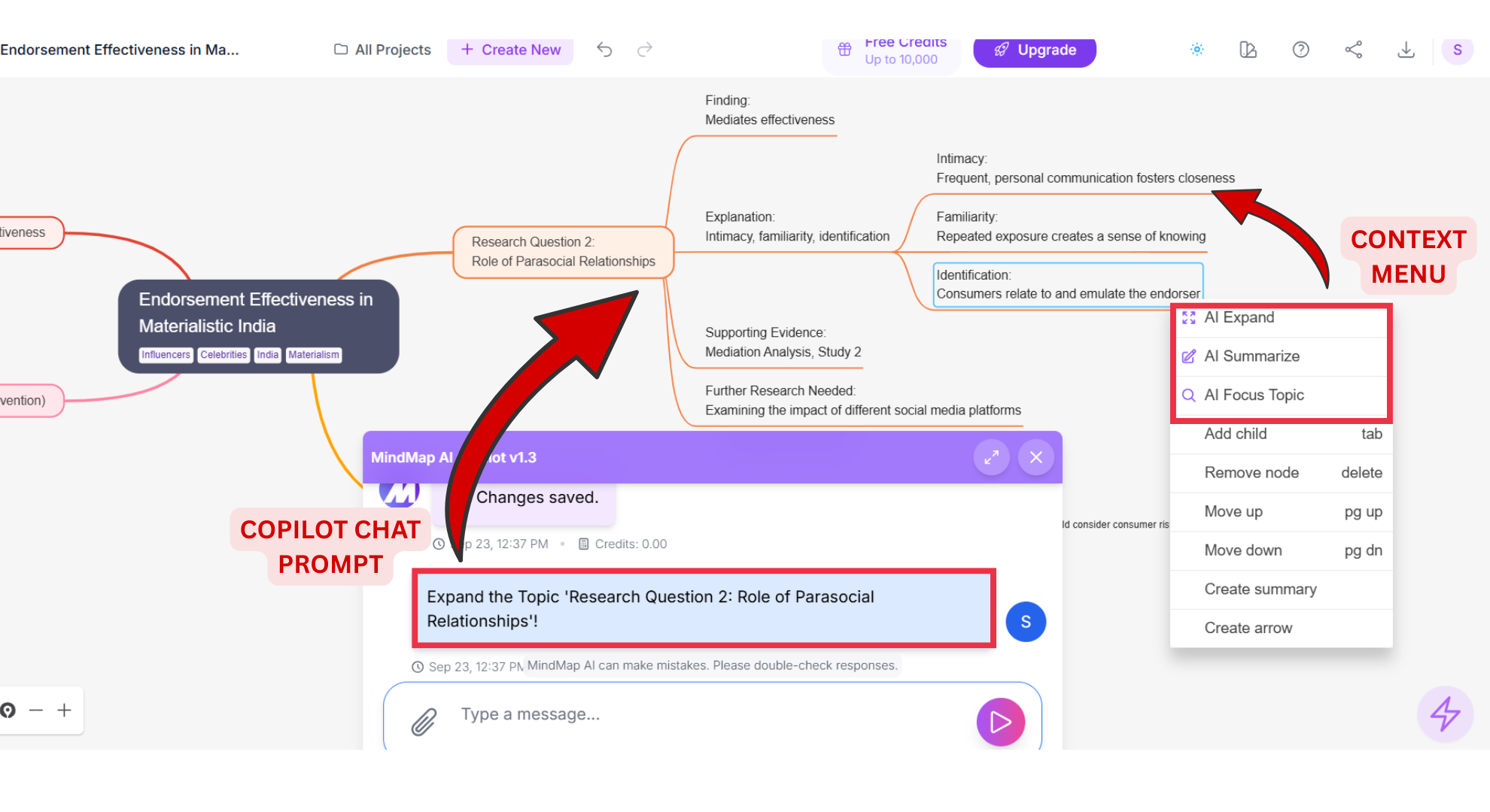 Copilot prompt and Context menu screenshot of Mindmap AI