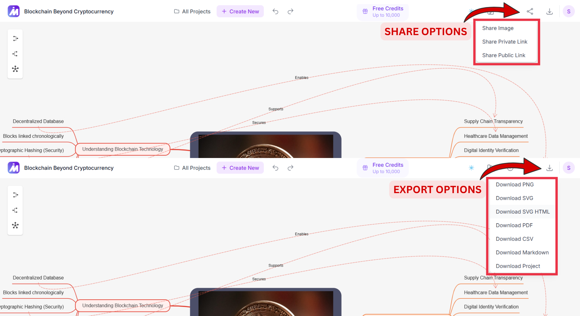 MindMap AI Export options and Share options screenshot