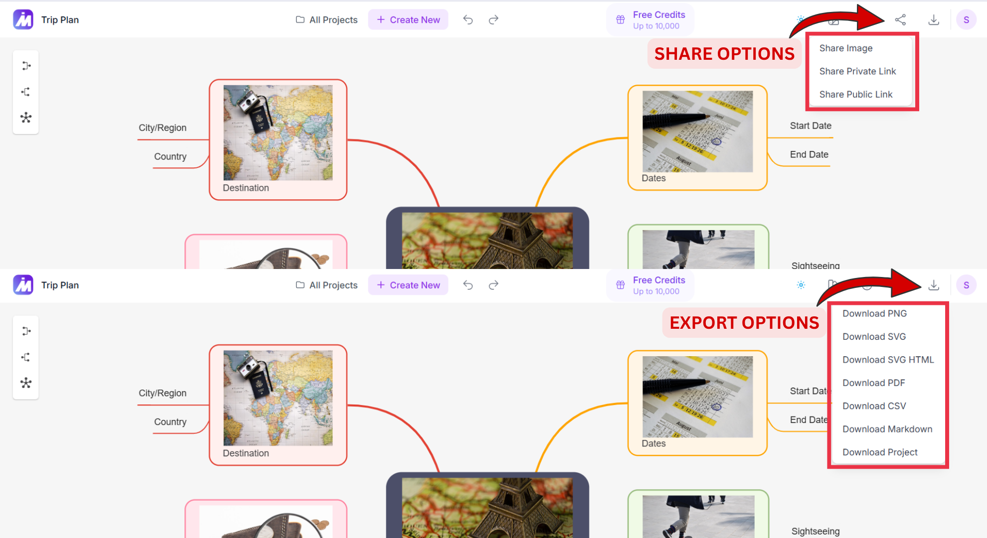Mindmap AI Share Options and Export Options Screenshot