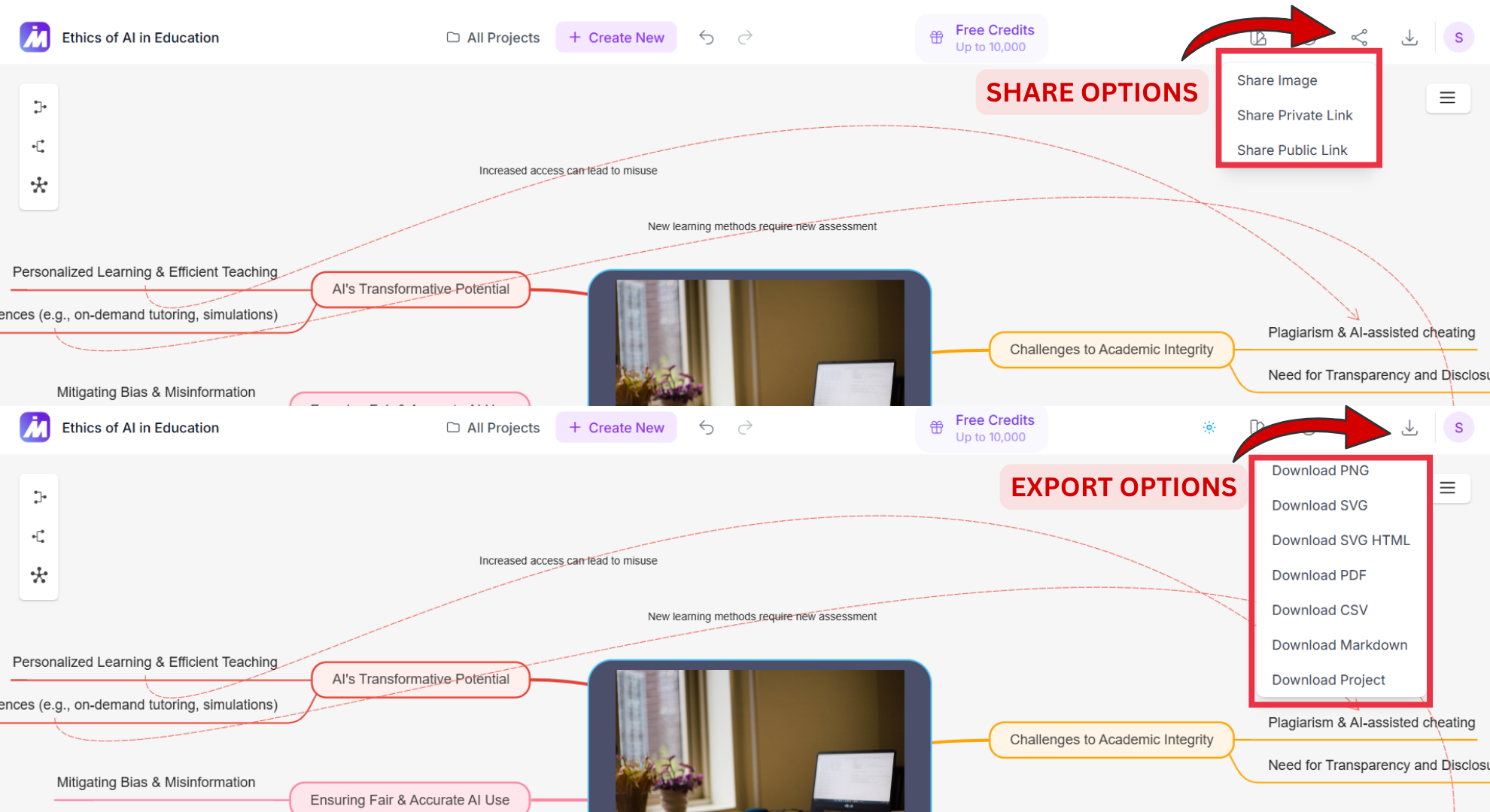 MindMap AI Share and export options screenshot