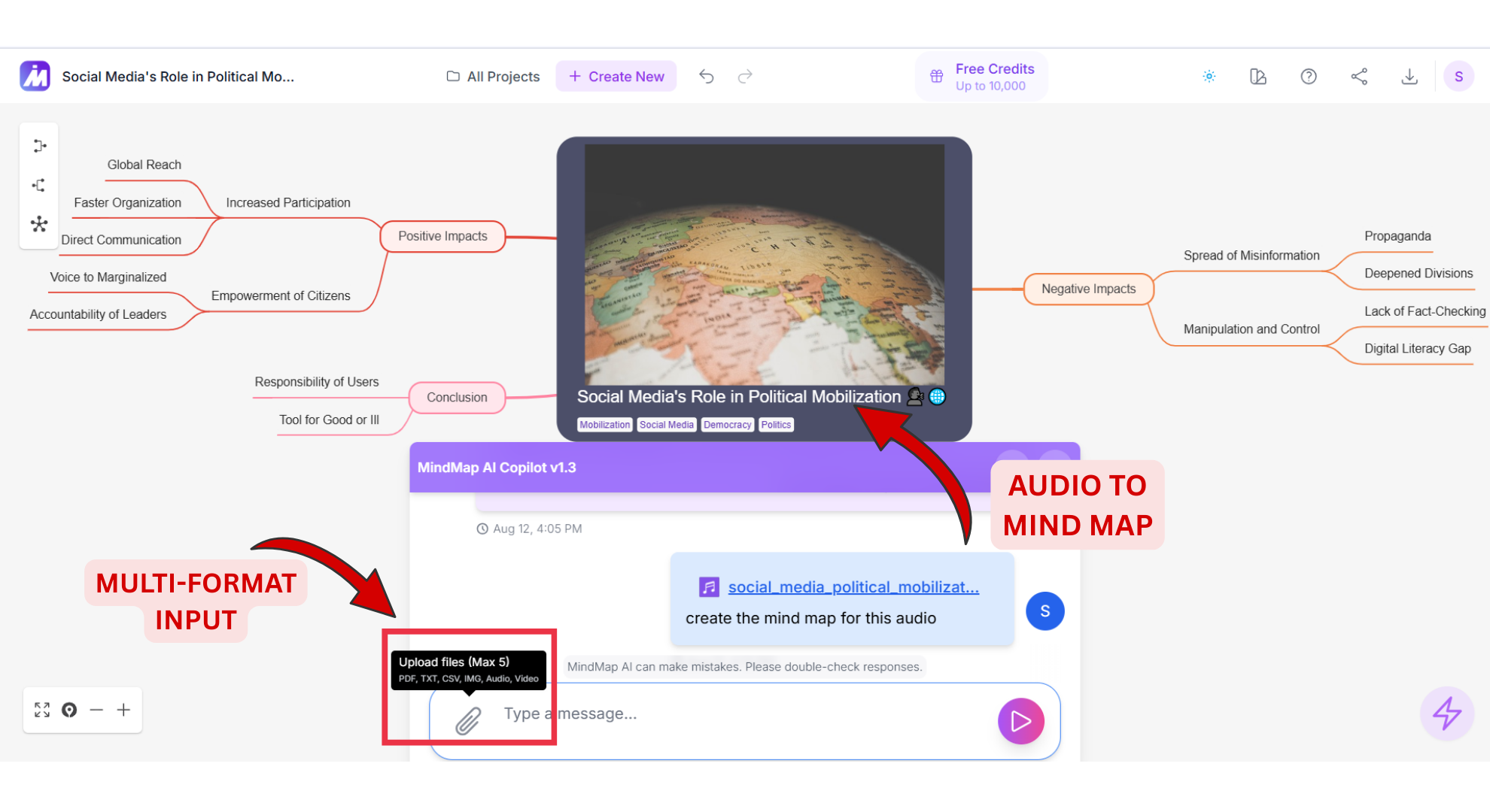 MindMap AI multi-format input screenshot