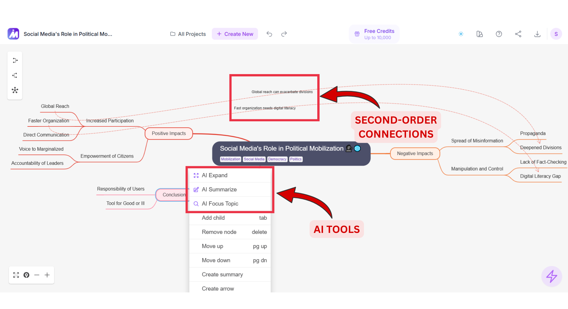 MindMap AI SecondOrder connections and AI tools screenshot