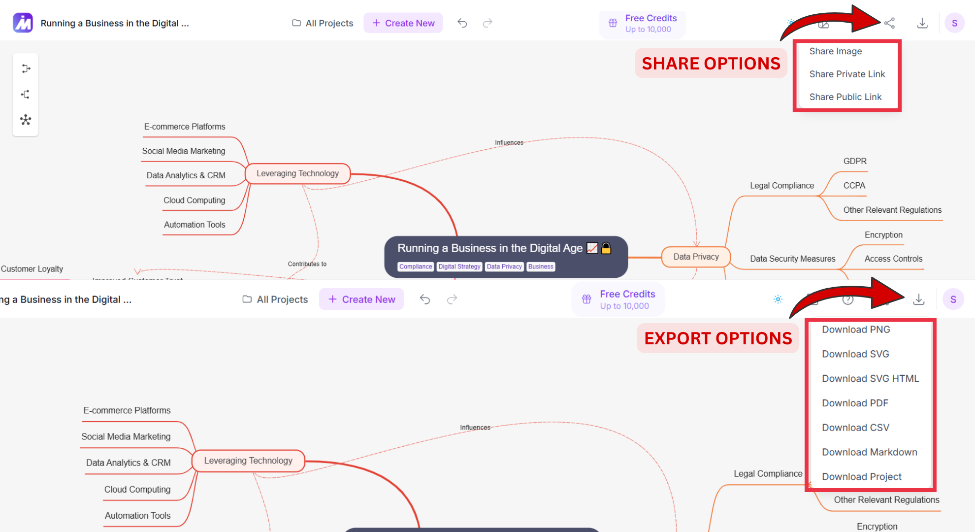 MindMap AI Export and Share options screenshot
