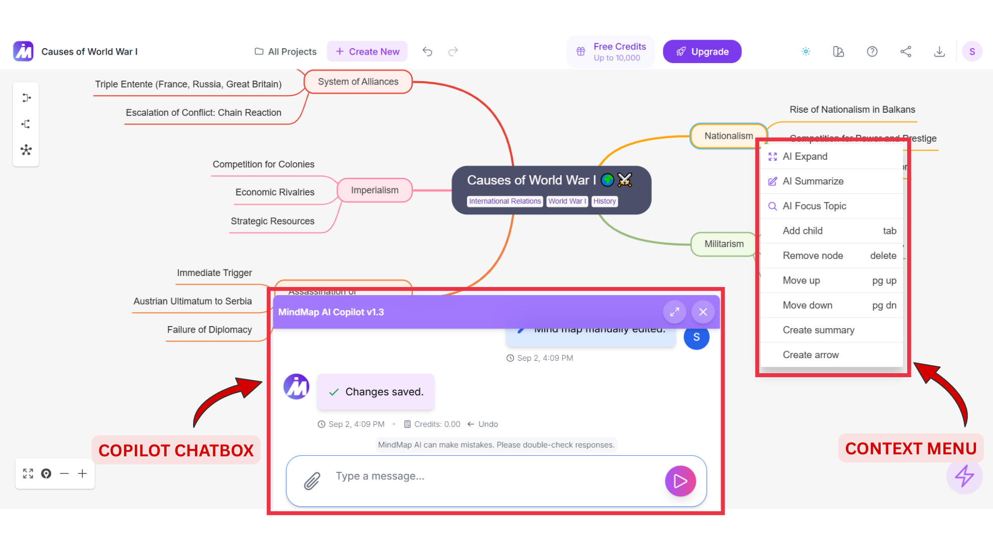 Copilot chat box and Context Menu Screenshot of MindMap AI