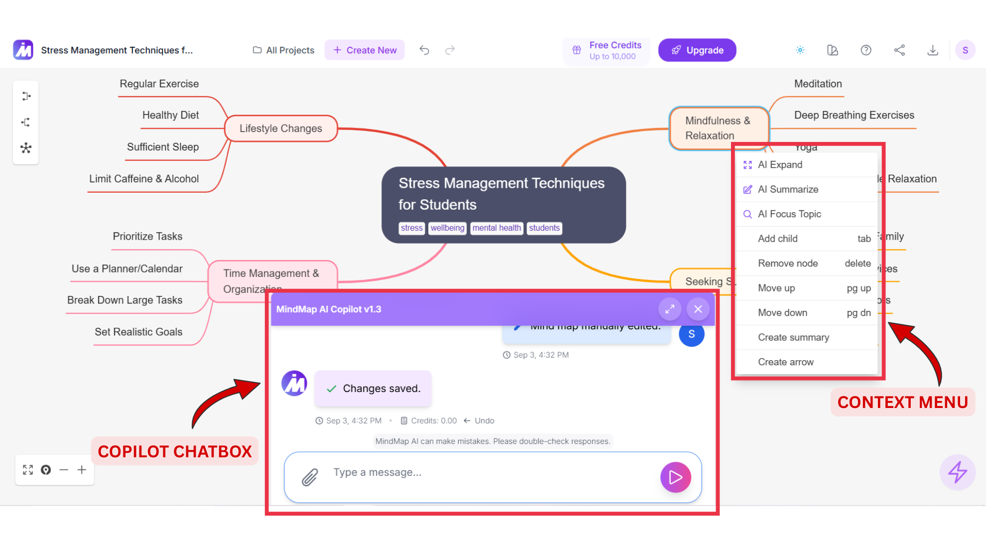 Copilot chatbox and Context menu screenshot of MindMap AI