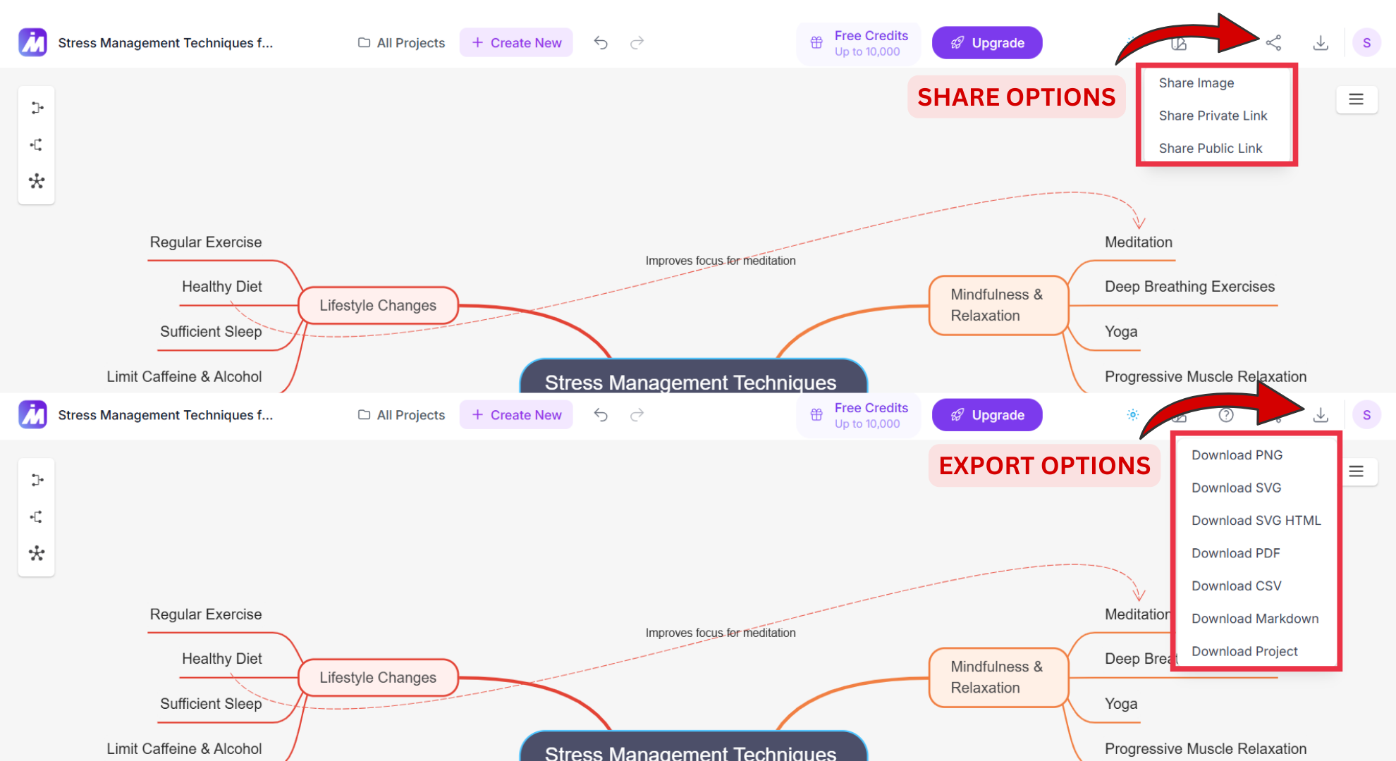 Share options & Export options screenshot of Mindmap AI