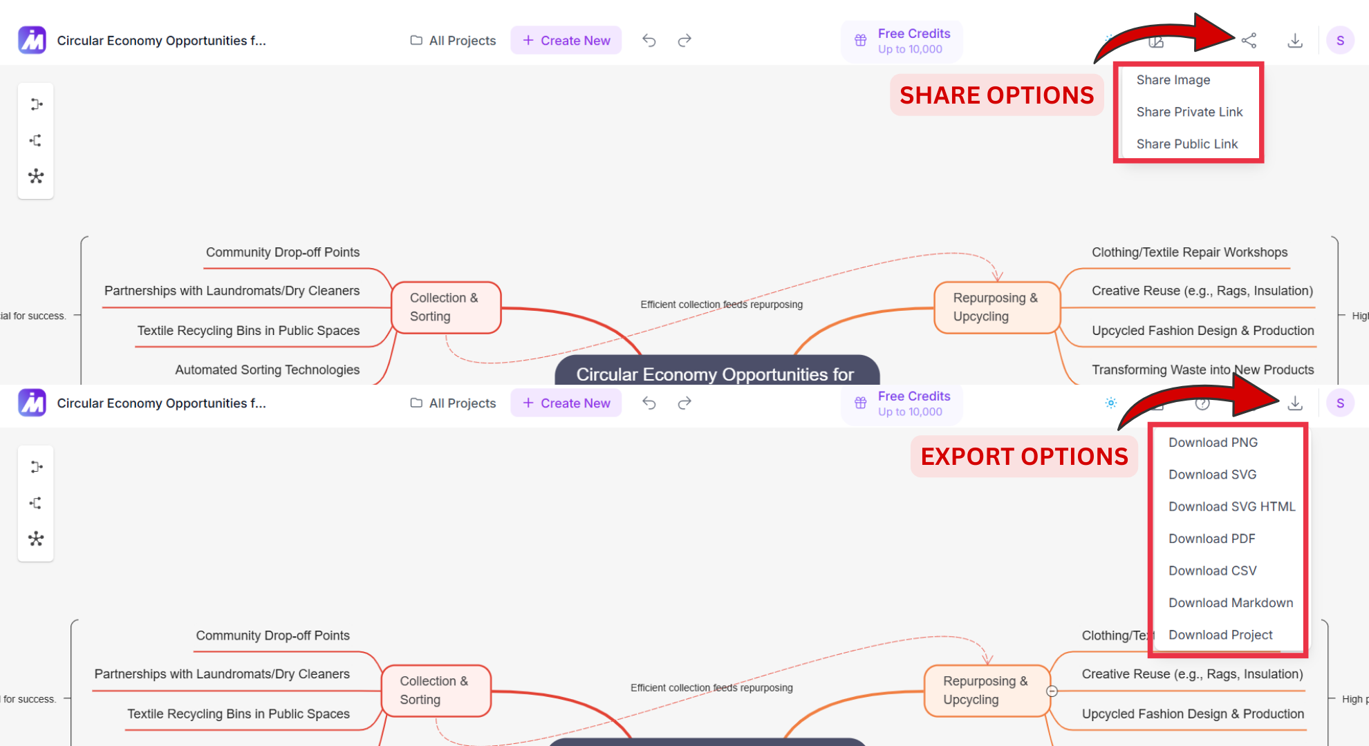 Export and Sharing options screenshot of Midmap AI