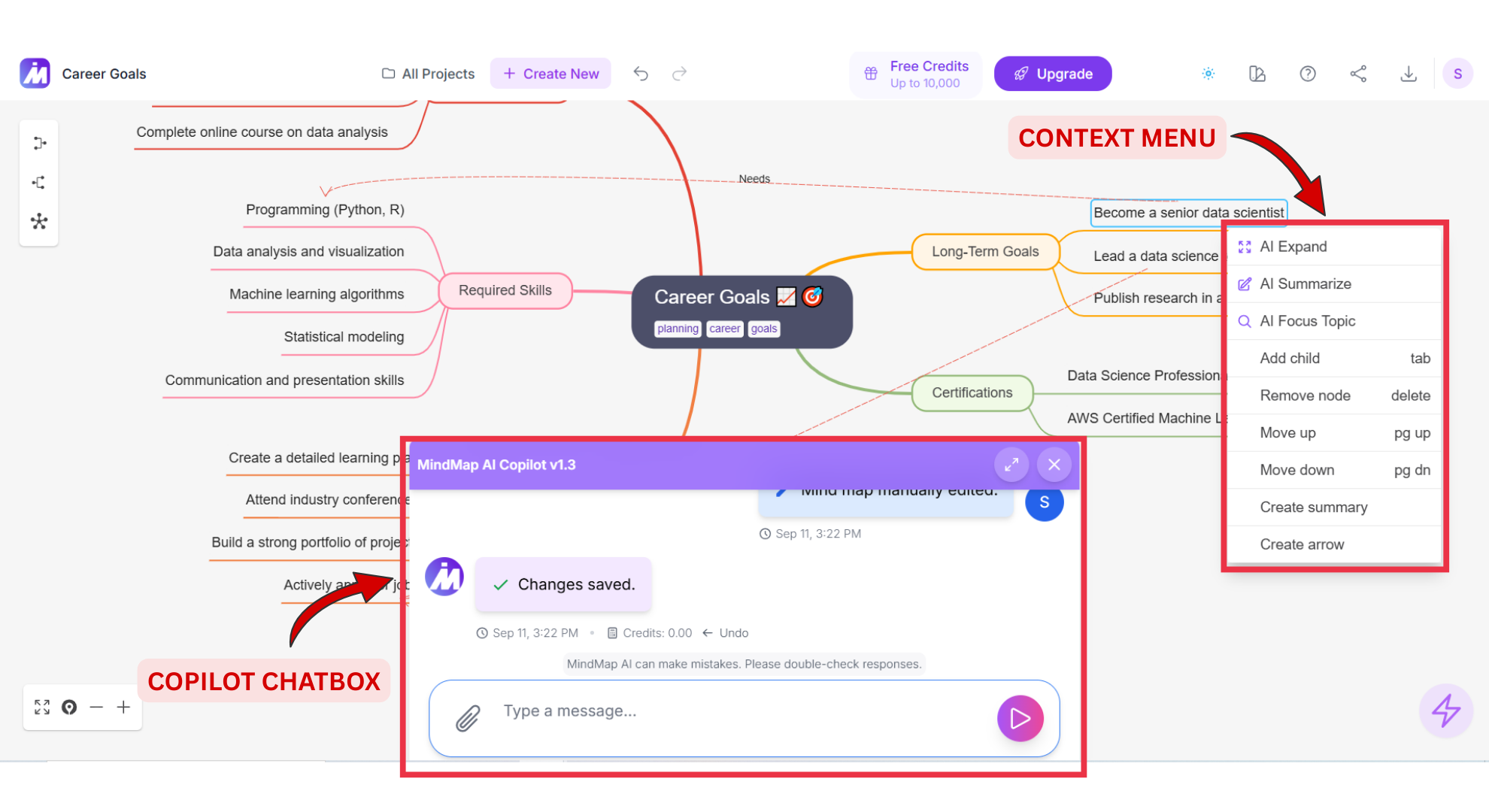 Copilot Chat and Context Menu screenshot of Mindmap AI