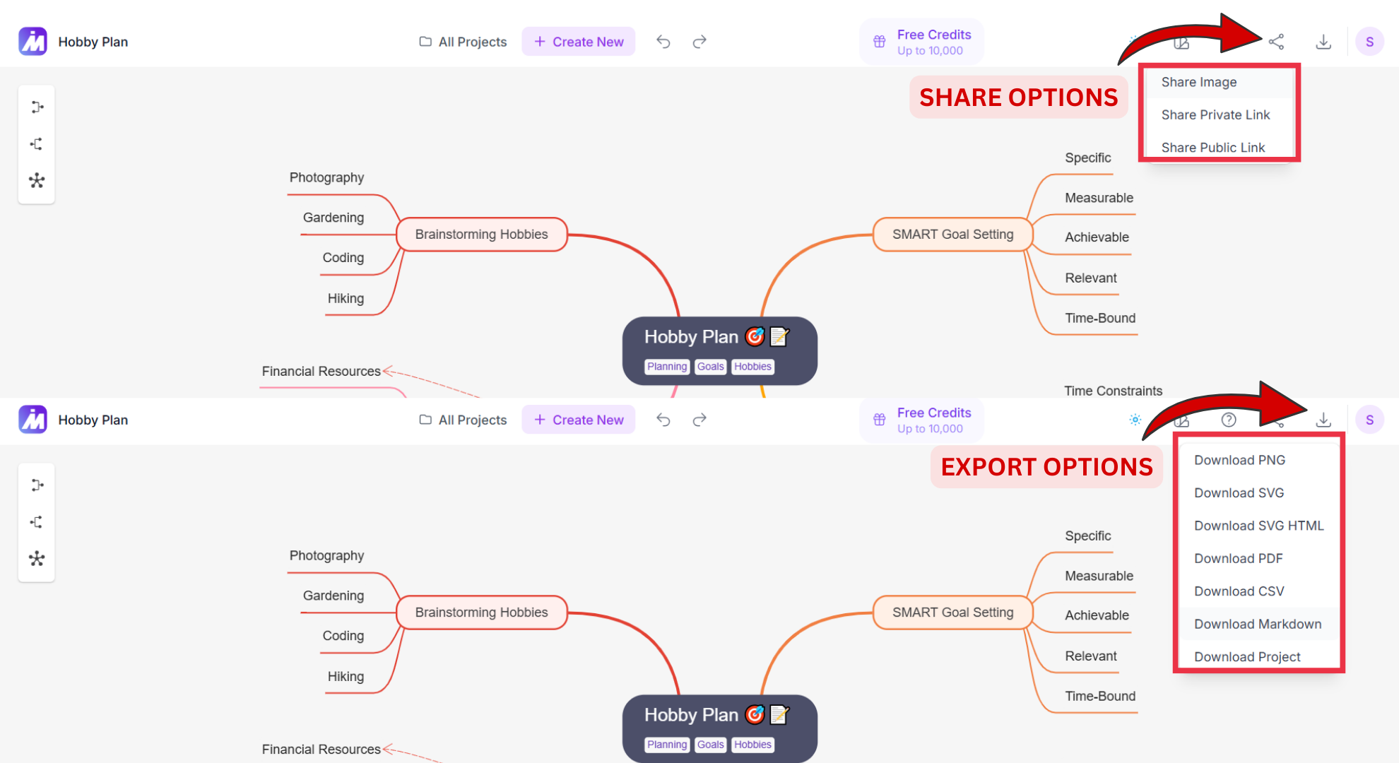Sharing and Export Options screenshot of Mindmap AI