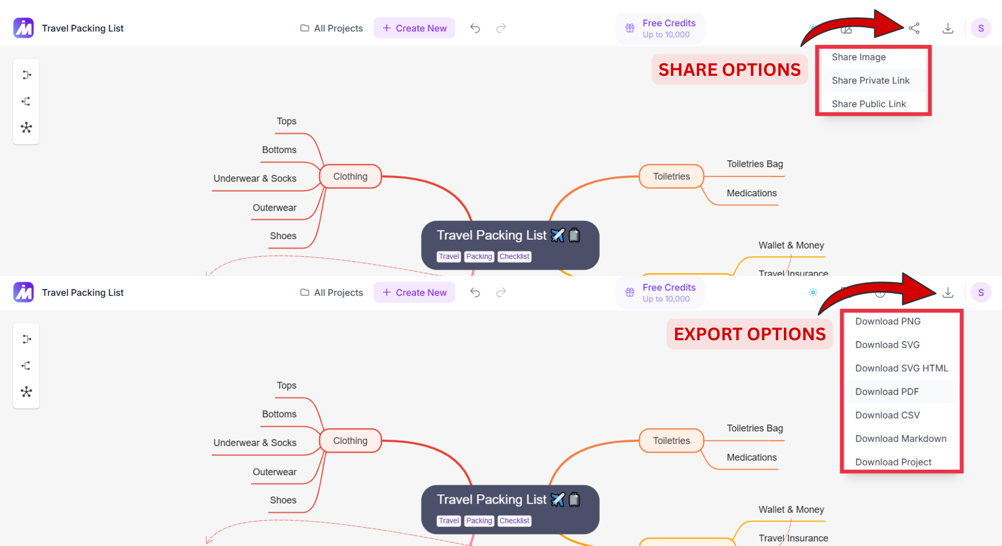 Share options and Export options Screenshot of Mindmap AI