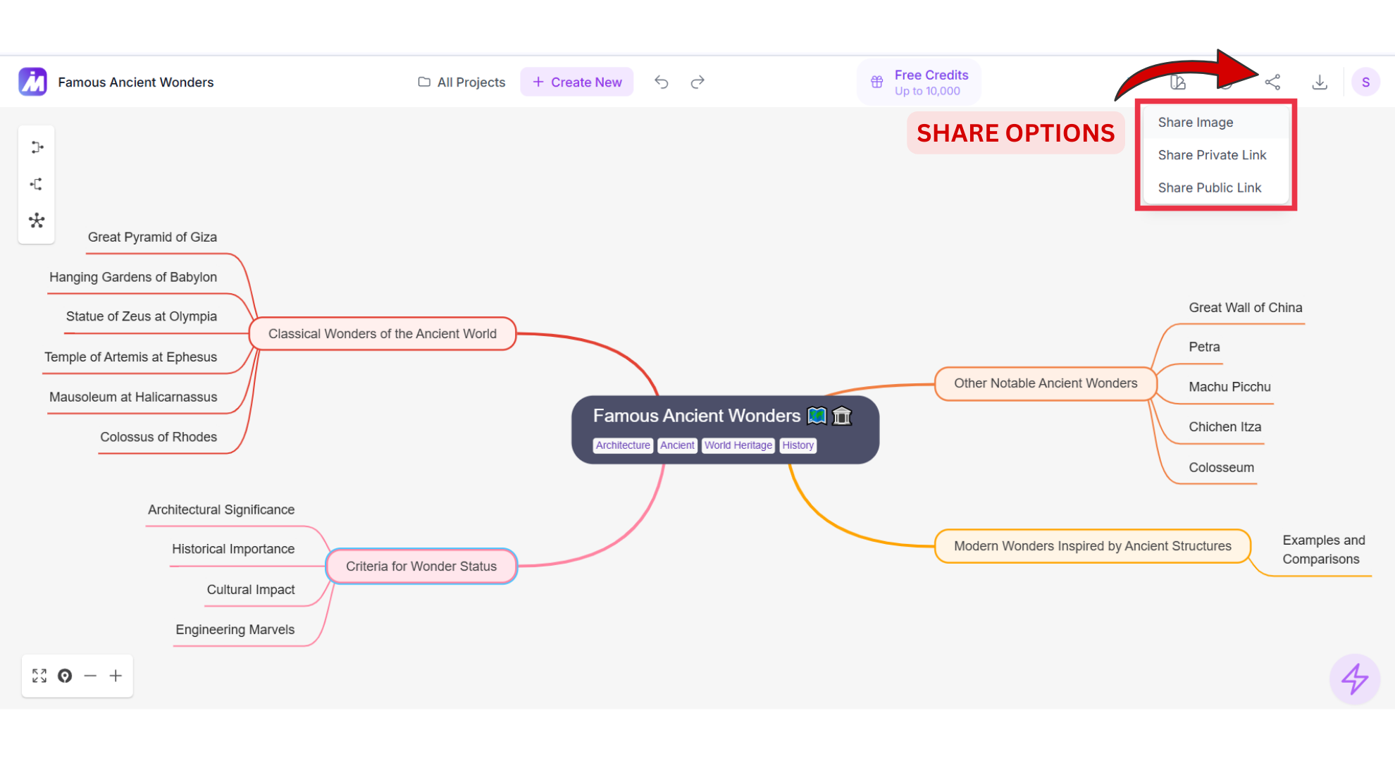 Share options screenshot of Mindmap AI
